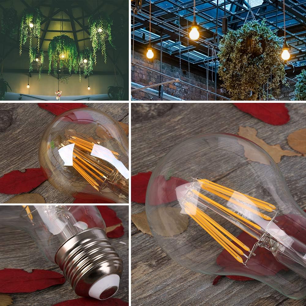 Vintage LED Edison Light Bulbs, A19 Edison Bulbs, 4W Equivalent to 40W, 2200K Warm White, Antique Dimmable LED Filament Bulb, Amber Light Bulbs, Old Fashioned Light Bulbs, E26, 6 Pack