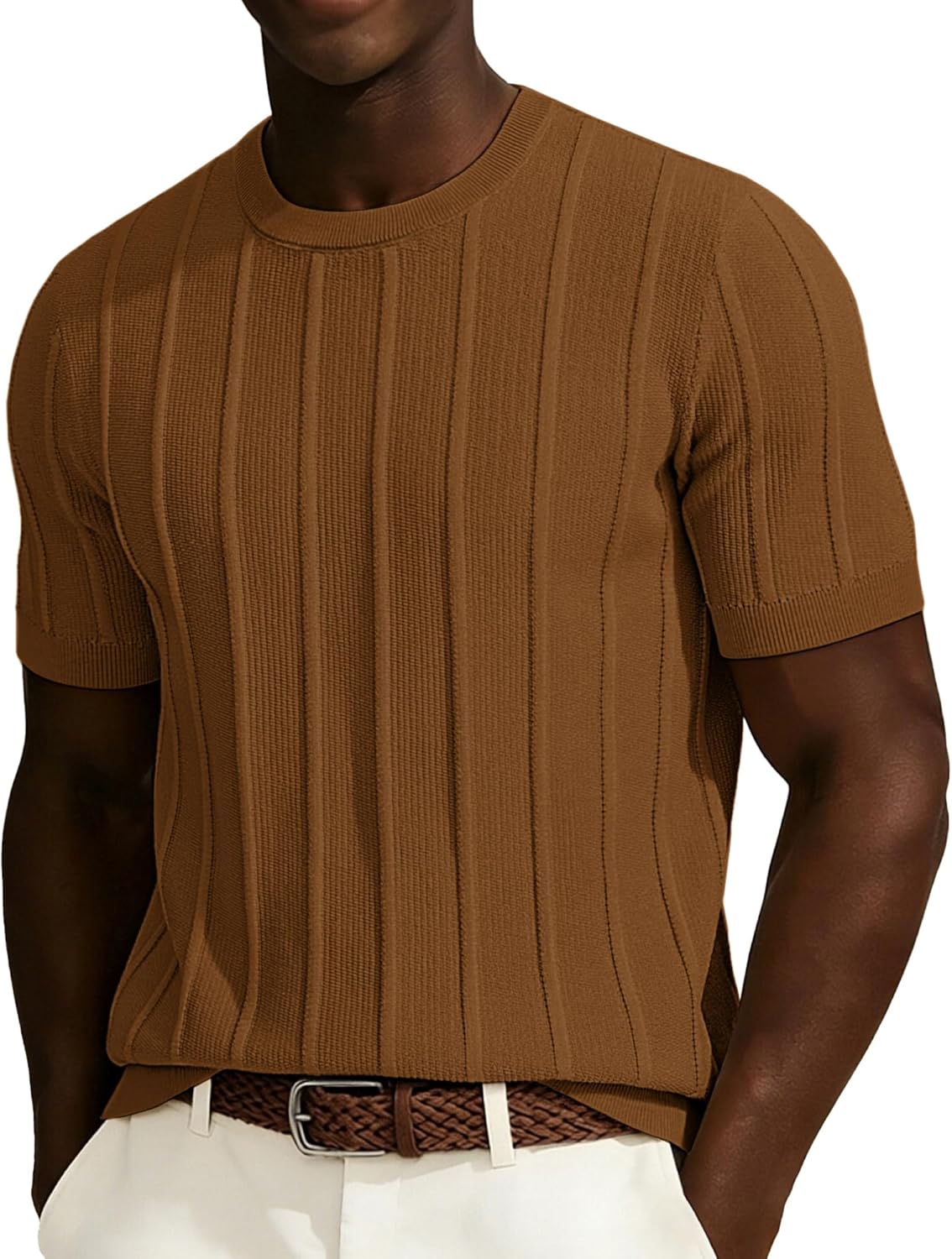 PJ PAUL JONES Men T-Shirts Crewneck Tee Shirt Ribbed Knit Tee Short Sleeve Texture T Shirt