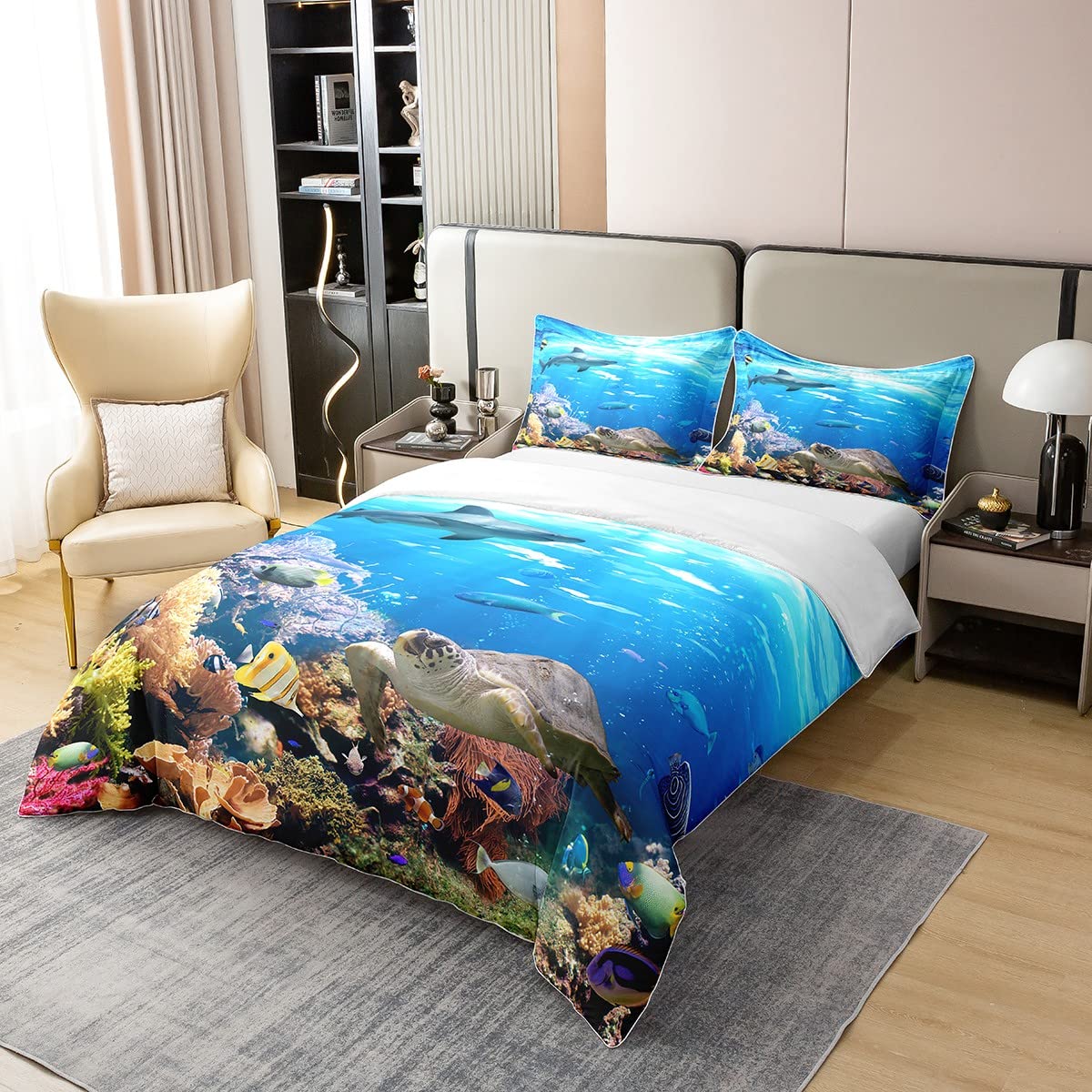 Bettbezug Meeresschildkröte, 100% Baumwolle Bettwäsche-Set, Hai, Meerestiere, Fische, Regenbogenschildkröte, Koralle, Heimtextilien, 140 x 200 cm