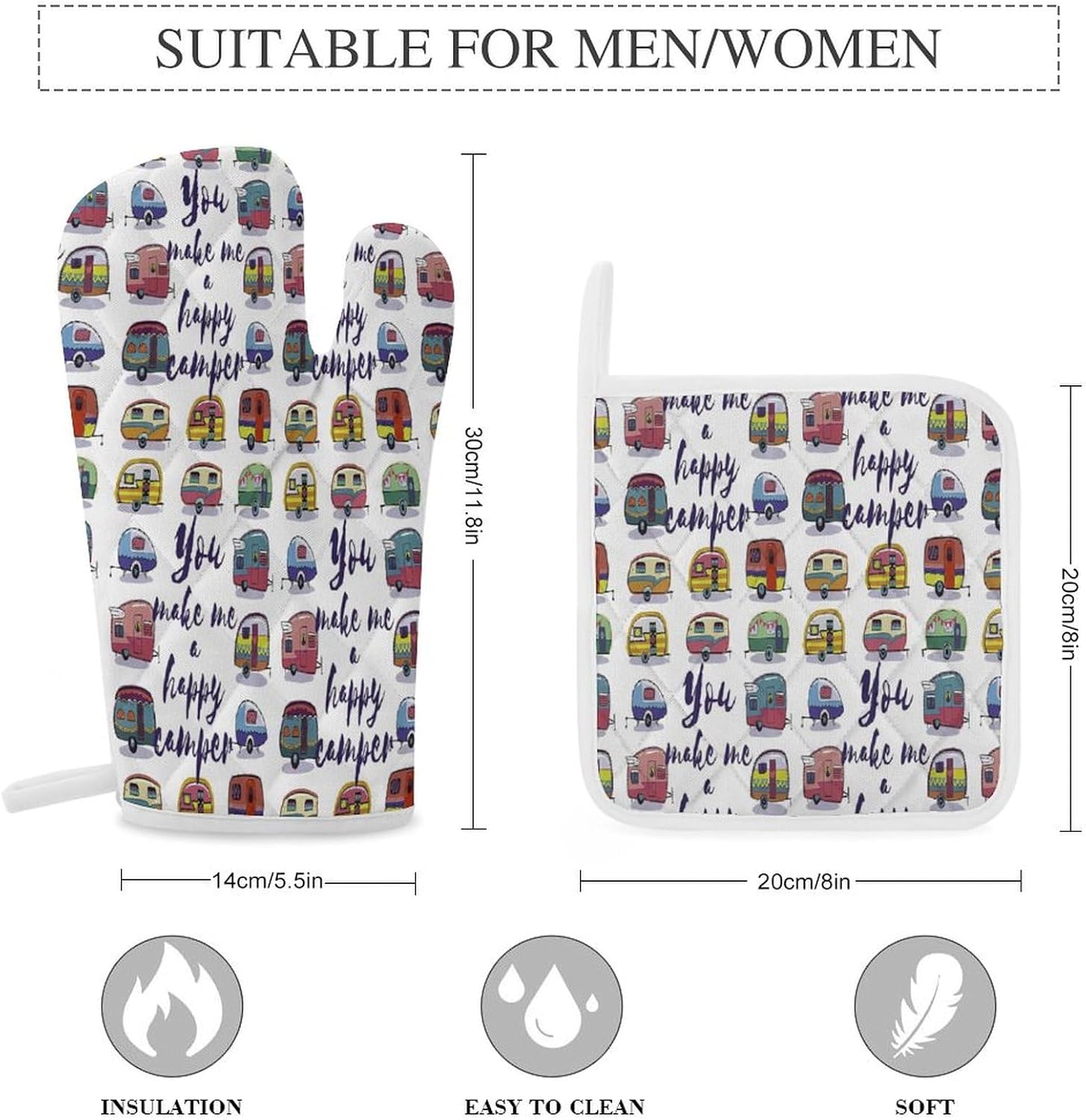 Happy Van Vehicles Print Oven Mitts and Pot Holders 3 Piece Sets Heat Resistant Gloves Hot Pads Potholders for Kitchen Baking Cooking