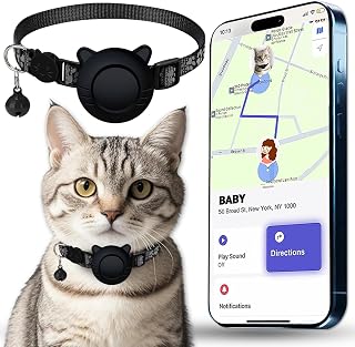 GPS Tracker for Cat Tracker Collar Waterproof Airtag Compatible with Apple Find My (iOS ONLY) No Monthly Fee Breakaway Design Reflective Pattern Bell Black Durable Cat Tracking Device