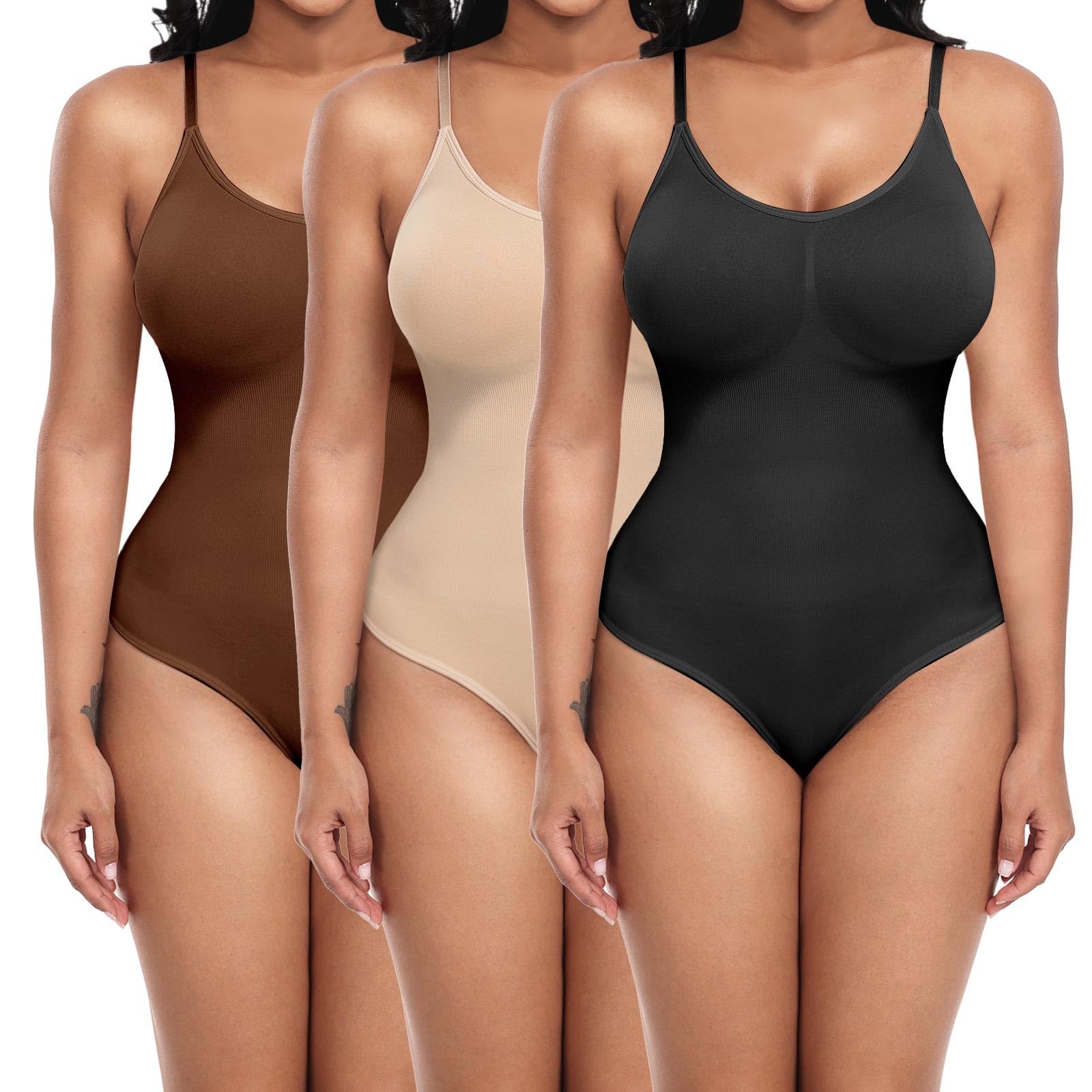 AranmeiWomen's 3 Piece Bodysuits Sleeveless Tummy Control Shapewear, Seamless Sculpting Thong Body Suit