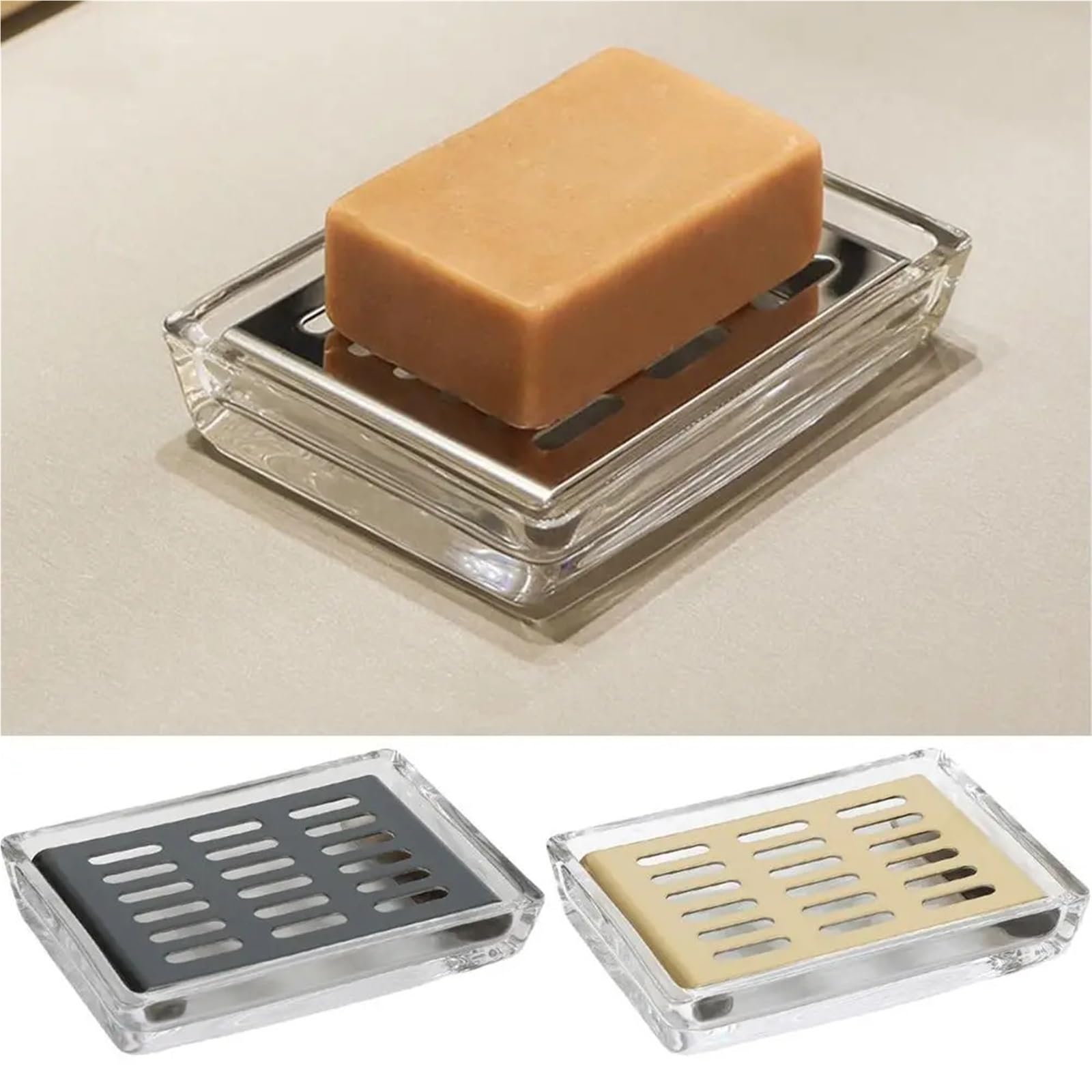 Jabonera de cristal de acero inoxidable, escurridor, rectangular, doble capa, independiente, para cuarto de baño, color negro