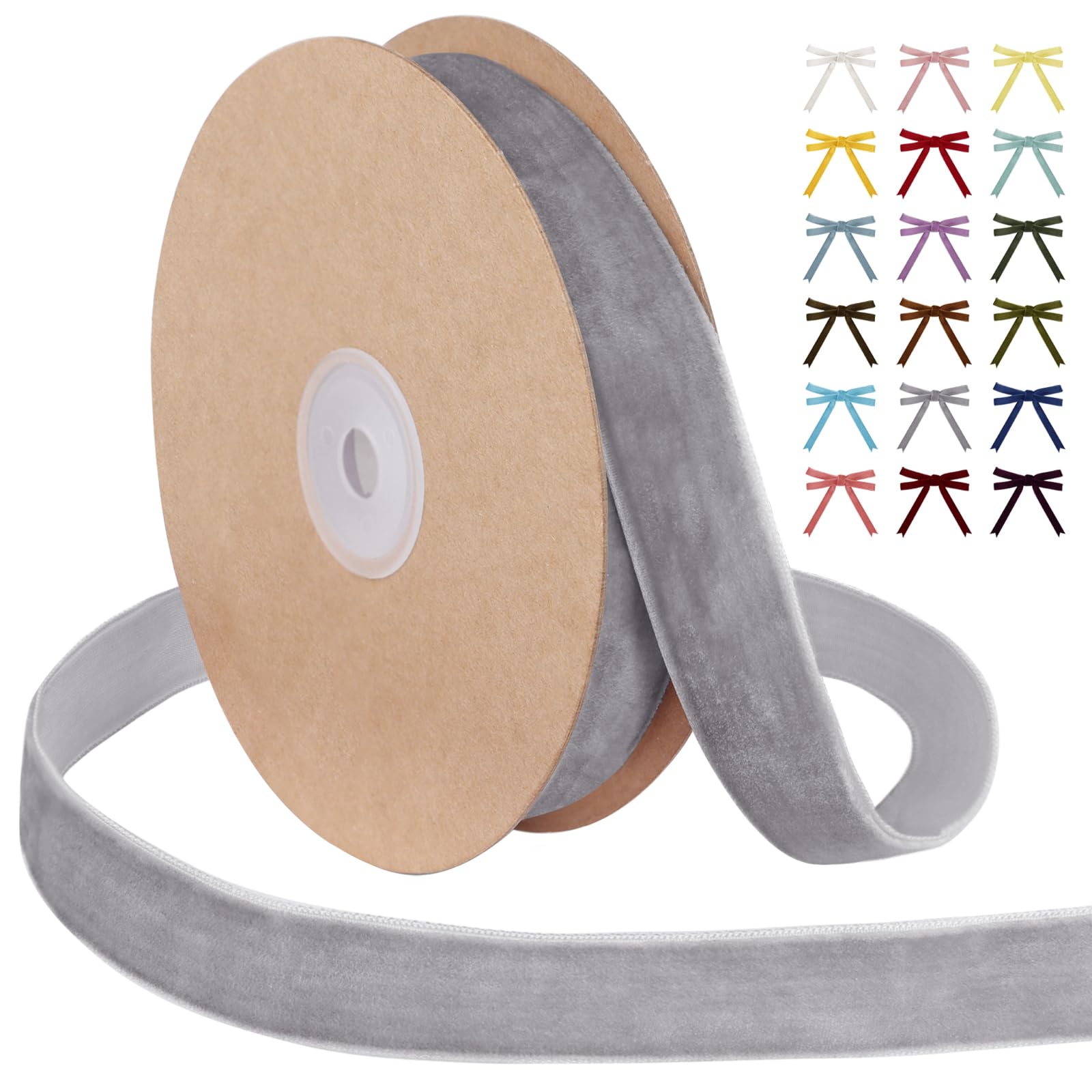 Uiopa Light Gray Velvet Ribbon, 25mm x 9m Single Face Wrapping Ribbon, Vintage Velvet Ribbons for Gift Wrapping, Wreaths, Wedding, Party, Home Decor, DIY Crafts