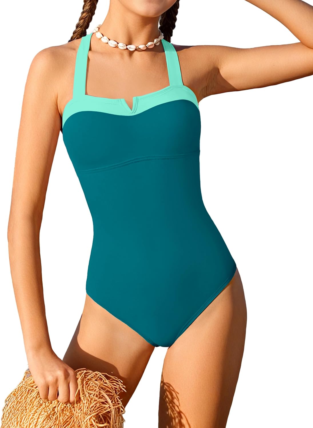 Shallmu Girls One Piece Swimsuits Color Block Dual Crossback Straps with Cover Up Skirt Girl's Swimwear 9-16Y