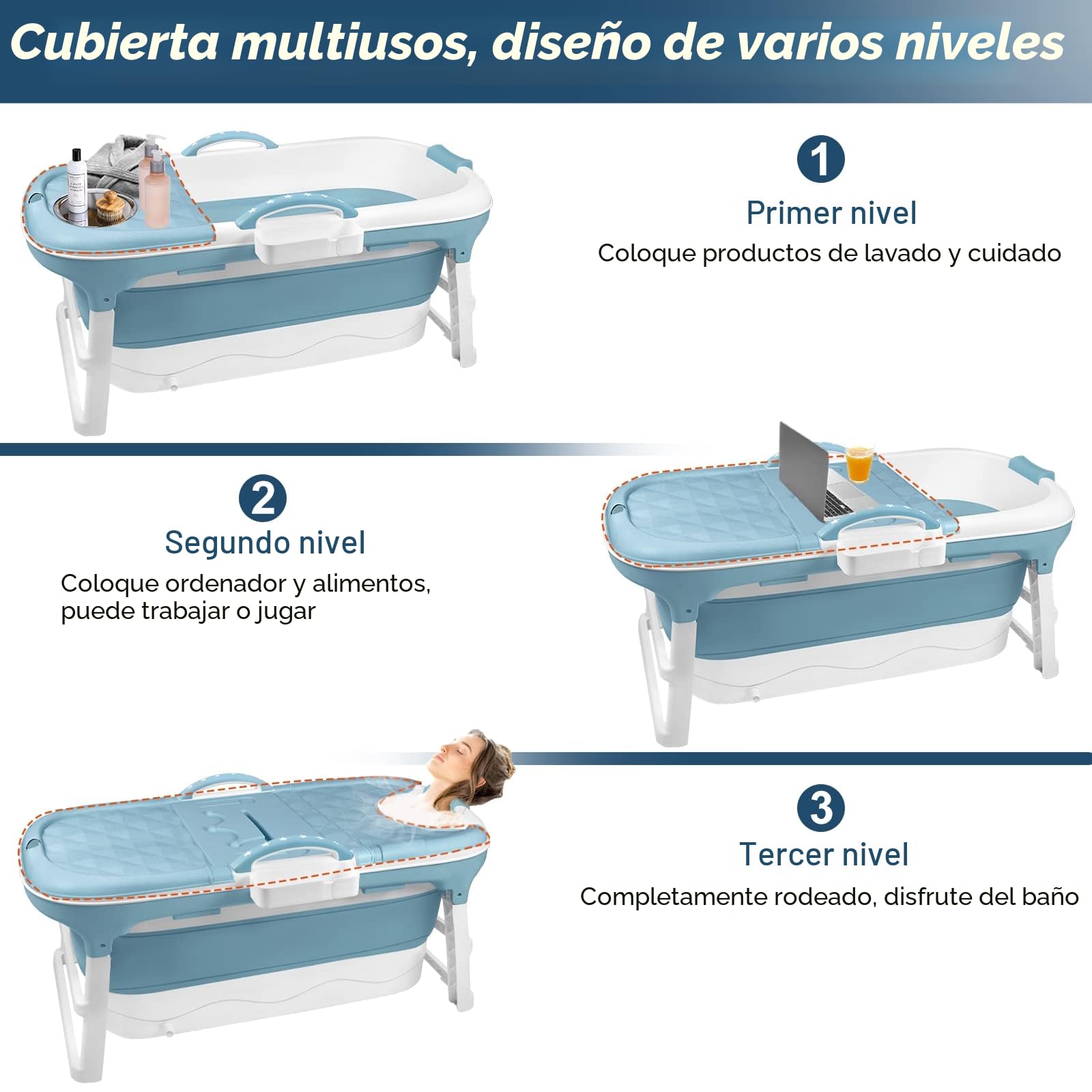LILIIN Bañera plegable para adultos 112 x 62 x 52 cm, Bañera plegable portátil con asiento, bañera de baño con cubierta y rodillos de masaje, jabonera, bañera portátil de plástico grueso - Azul