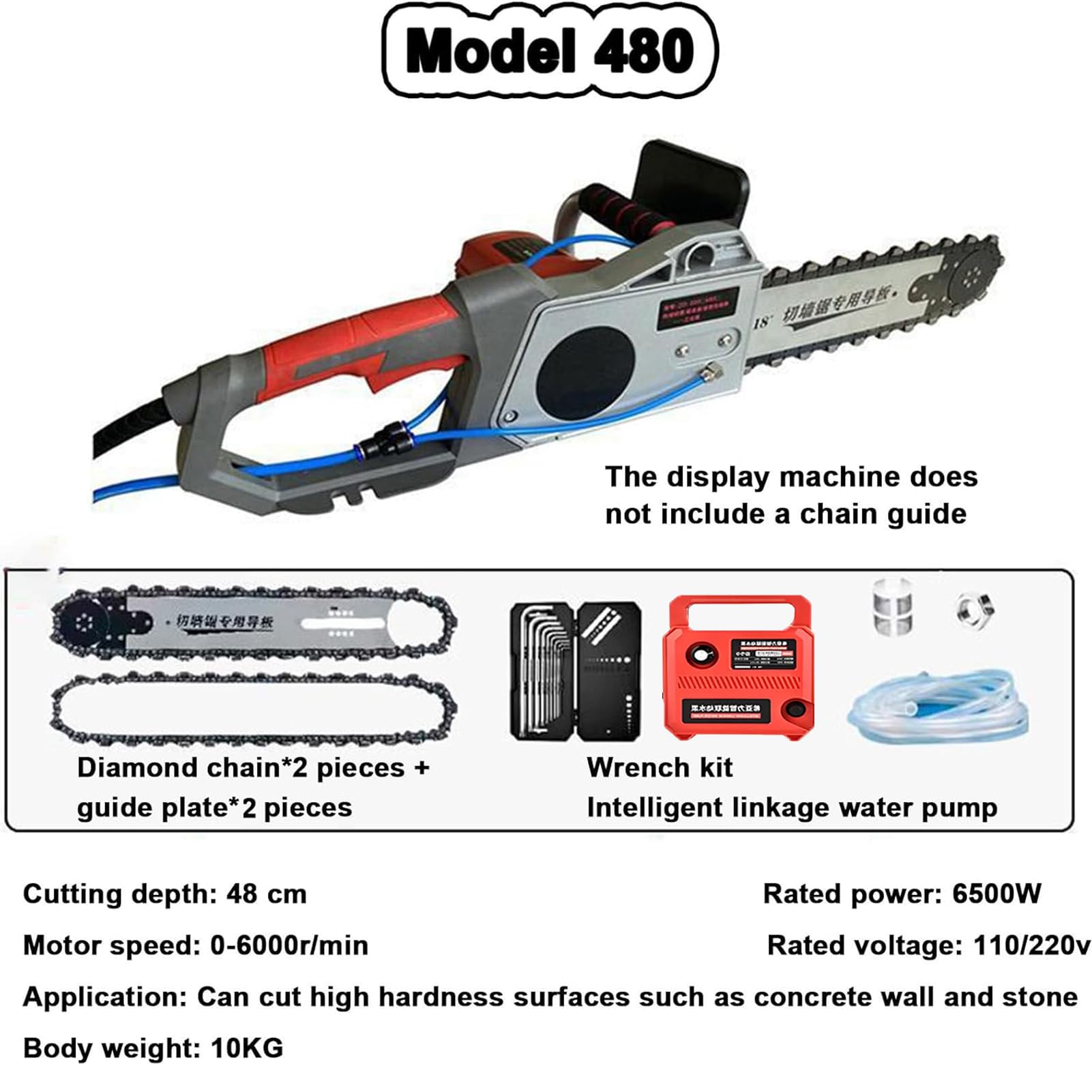 6500W Sega A Catena Elettrica Per Cemento, Motosega elettrica Per Calcestruzzo, Tagliamuri In Cemento, Tagliamuri A Catena Diamantata, profondità di taglio 35cm/48cm, Per muro mattoni rossi (48cm)