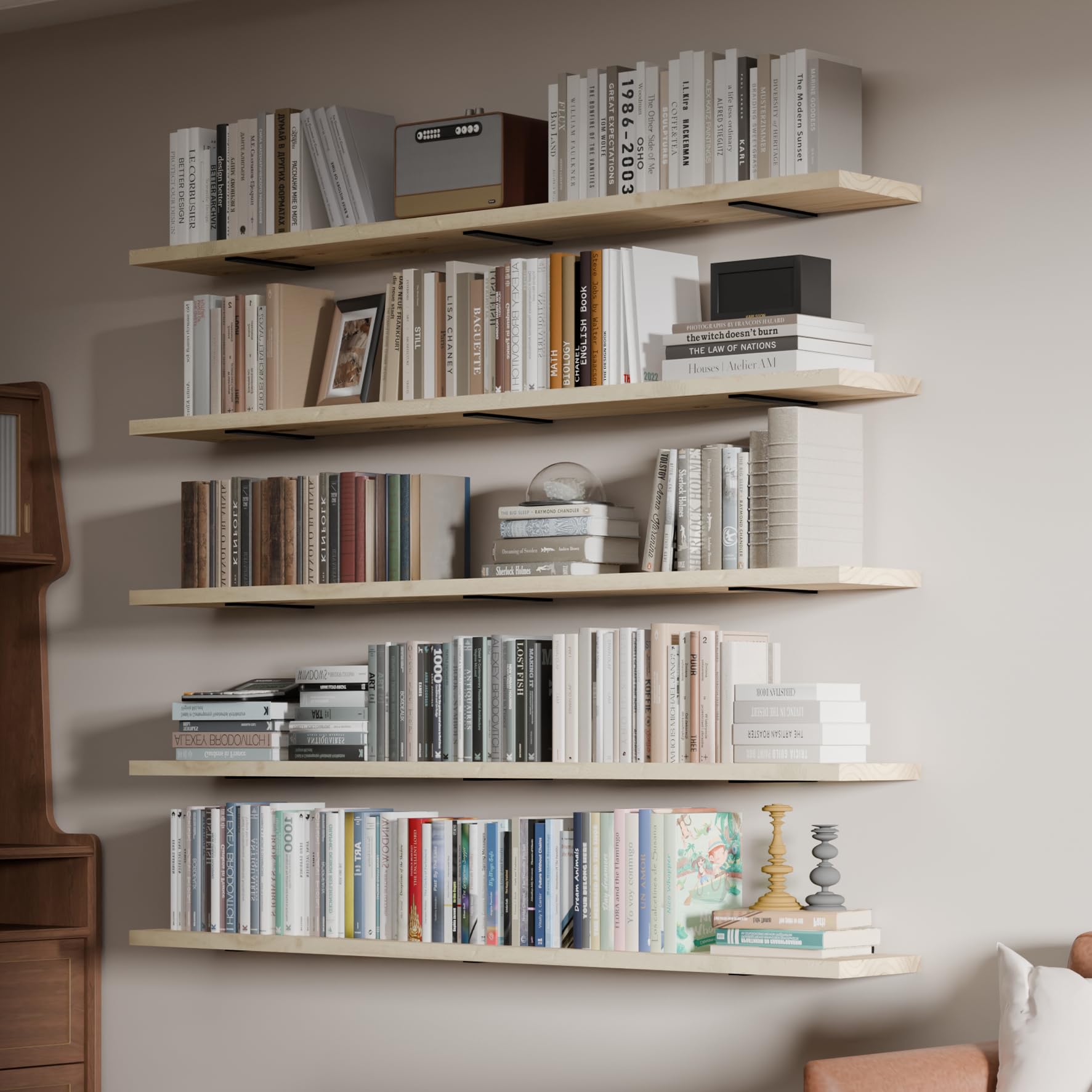 5 Tier Book Shelf,Unfinished Wooden 60 Inch Floating Shelf for Wall,Solid Natural Long Wood Shelf,Wall Mounted Bookshelf for Study