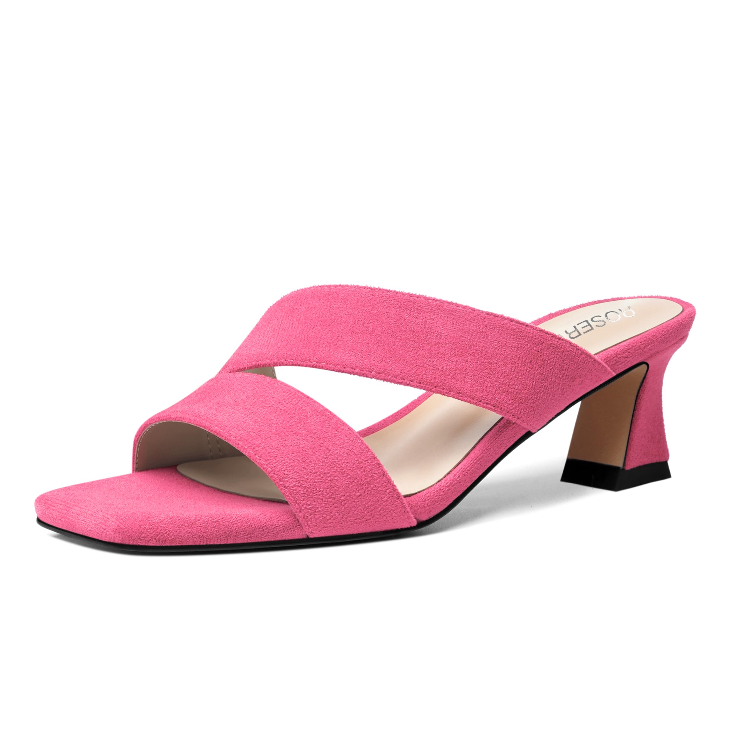 ROSERWISH Womens Fahion Dating Suede Slip On Open Toe Dress Chunky Low Heel Heeled Sandals 2 Inch