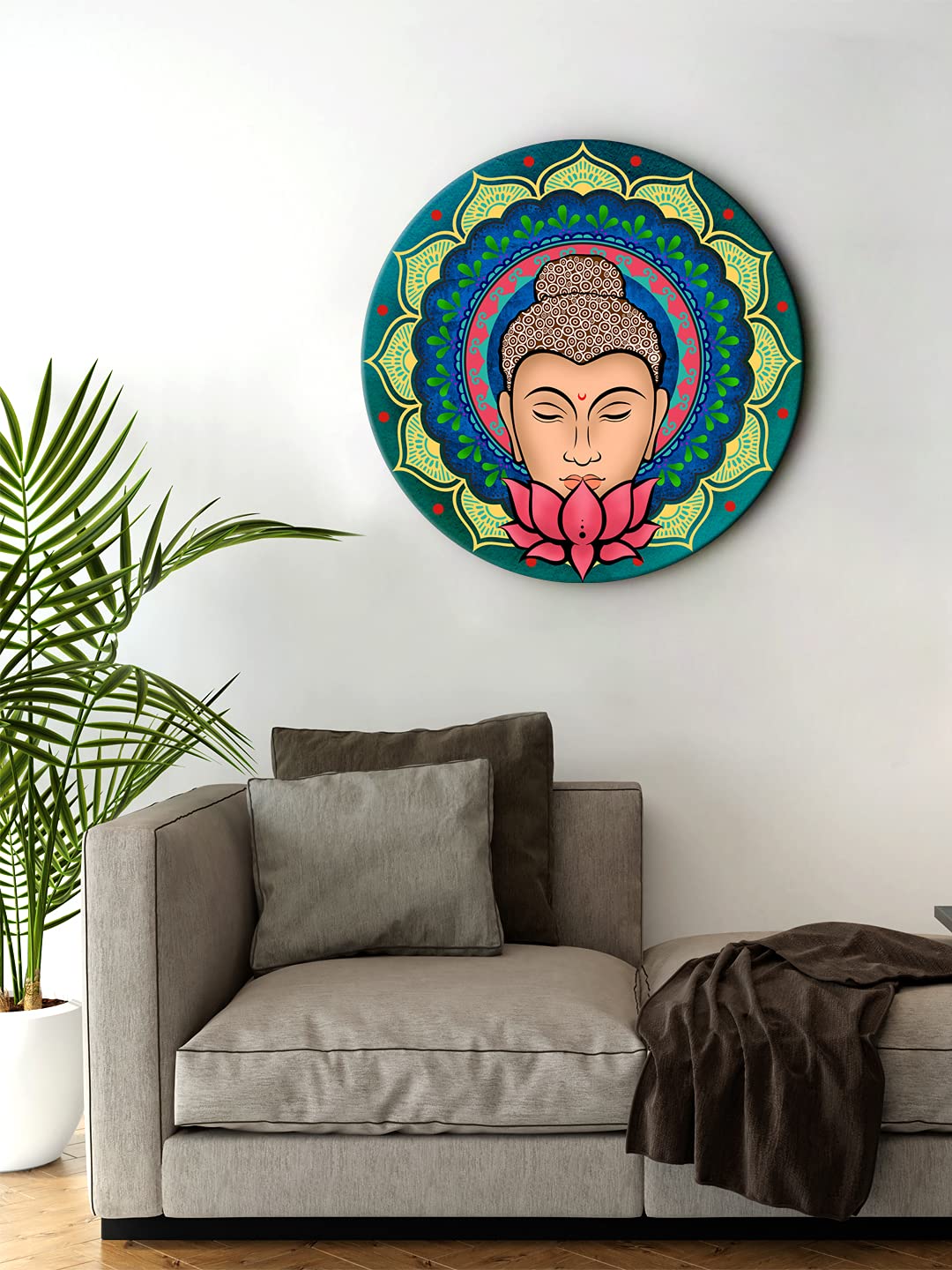 999STORE Buddha Face With Lotus Round Shape Wall Painting (MDF_11X11 Inch_Multi) RPainting018