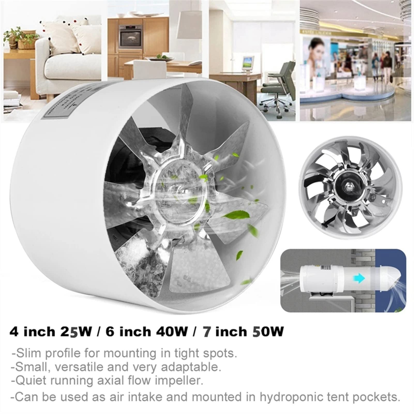 Lüftungsventilator 4"/6"/7" Geräuscharmer Hochgeschwindigkeits-Inline-Kanal-Badezimmer-WC-Wandlüftungsventilator Booster Abluftgebläse Luftkühlungs-Entlüftungszugang, Weißer Ventilator
