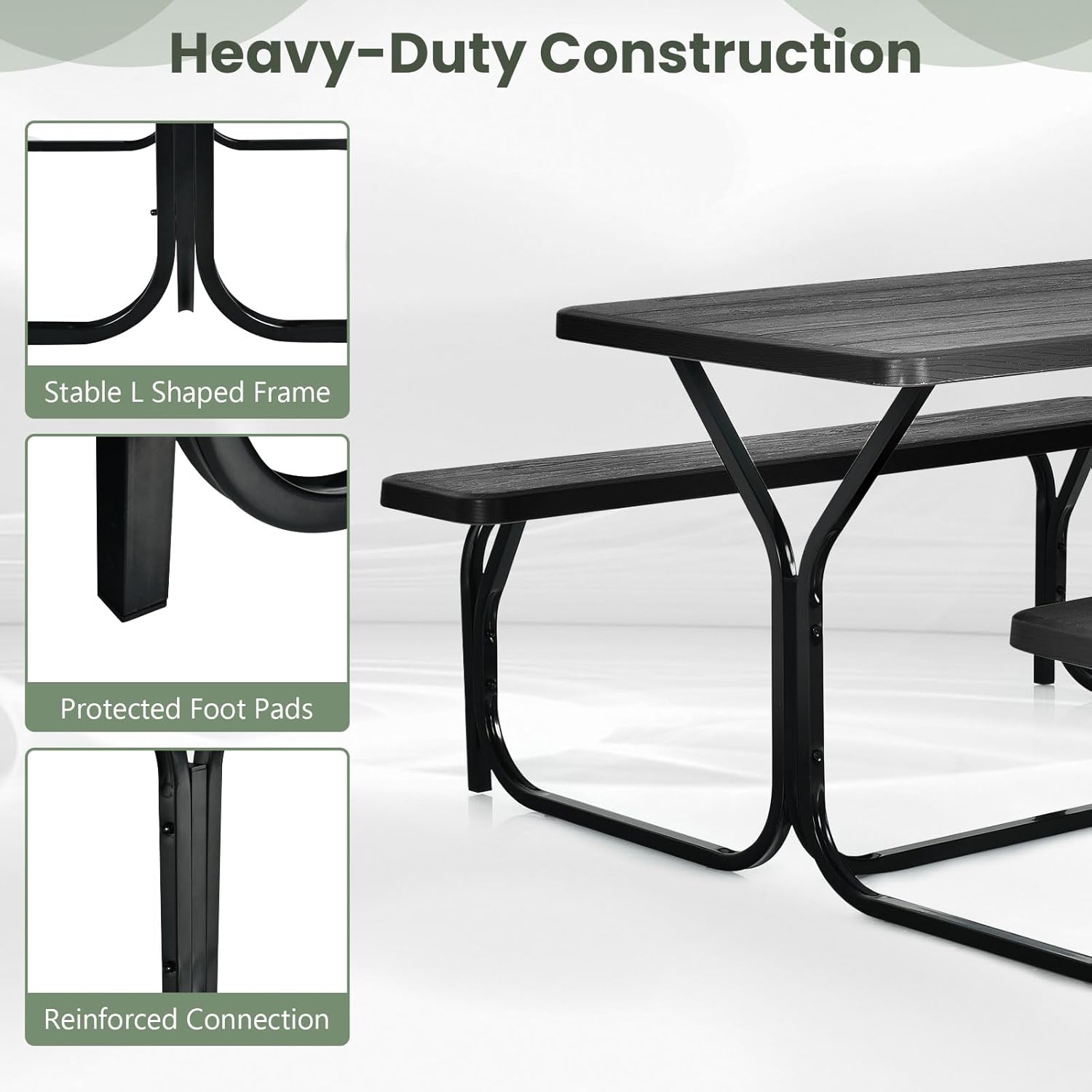 SILKYDRY Picnic Table, Outdoor Picnic Bench Table Set w/ 2 Benches, Steel Frame & Wood-Like Texture Tabletop, Camping Portable Picnic Table Bench Combo for Backyard, Patio, Garden & Balcony (Black)