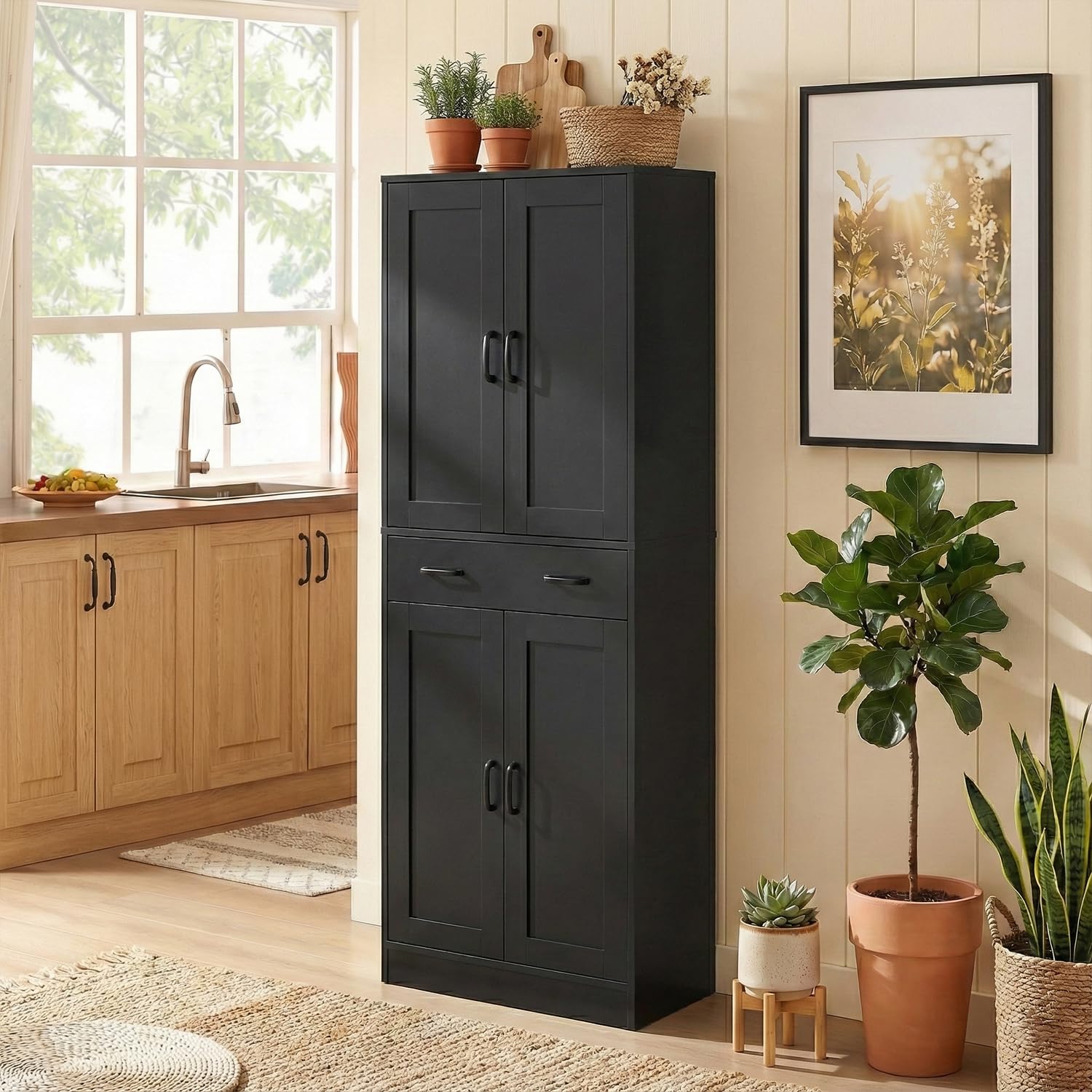 71" Tall Kitchen Pantry Cabinet, Freestanding Storage Cabinet with Drawer and 4 Doors, Large Black Utility Floor Cupboard with Adjustable Shelves for Dining Room, Bathroom, Home Office