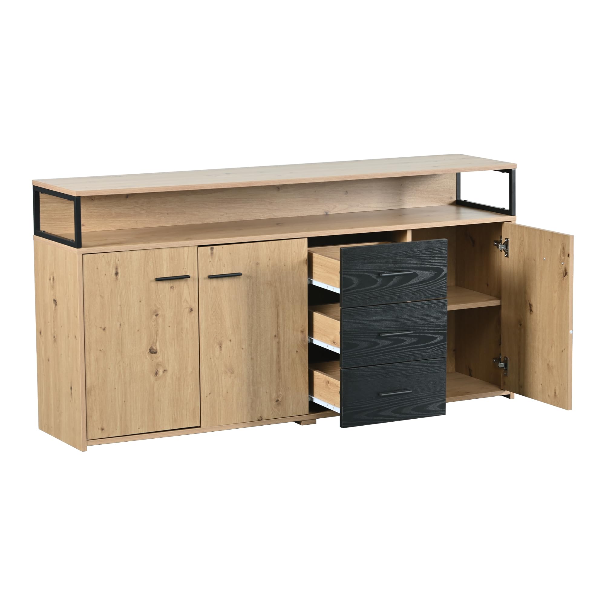 Aparador industrial con tres puertas y tres cajones, 150 x 35 x 75,9 cm, color negro y marrón, mueble de cocina con asas de metal, armario multiusos para dormitorio, salón, oficina