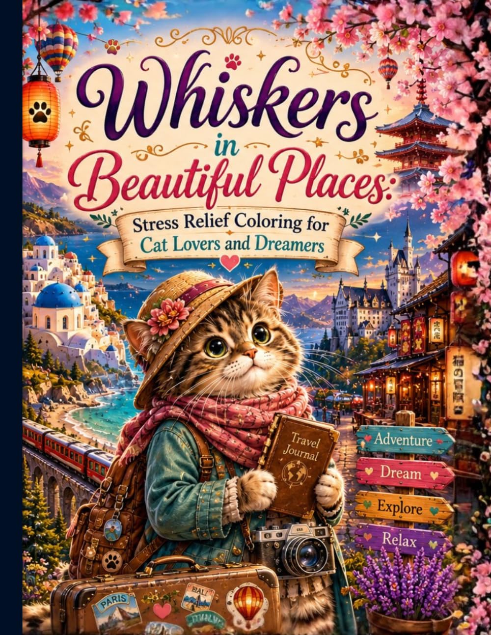 Whiskers in Beautiful Places: Stress Relief Coloring for Cat Lovers and Dreamers