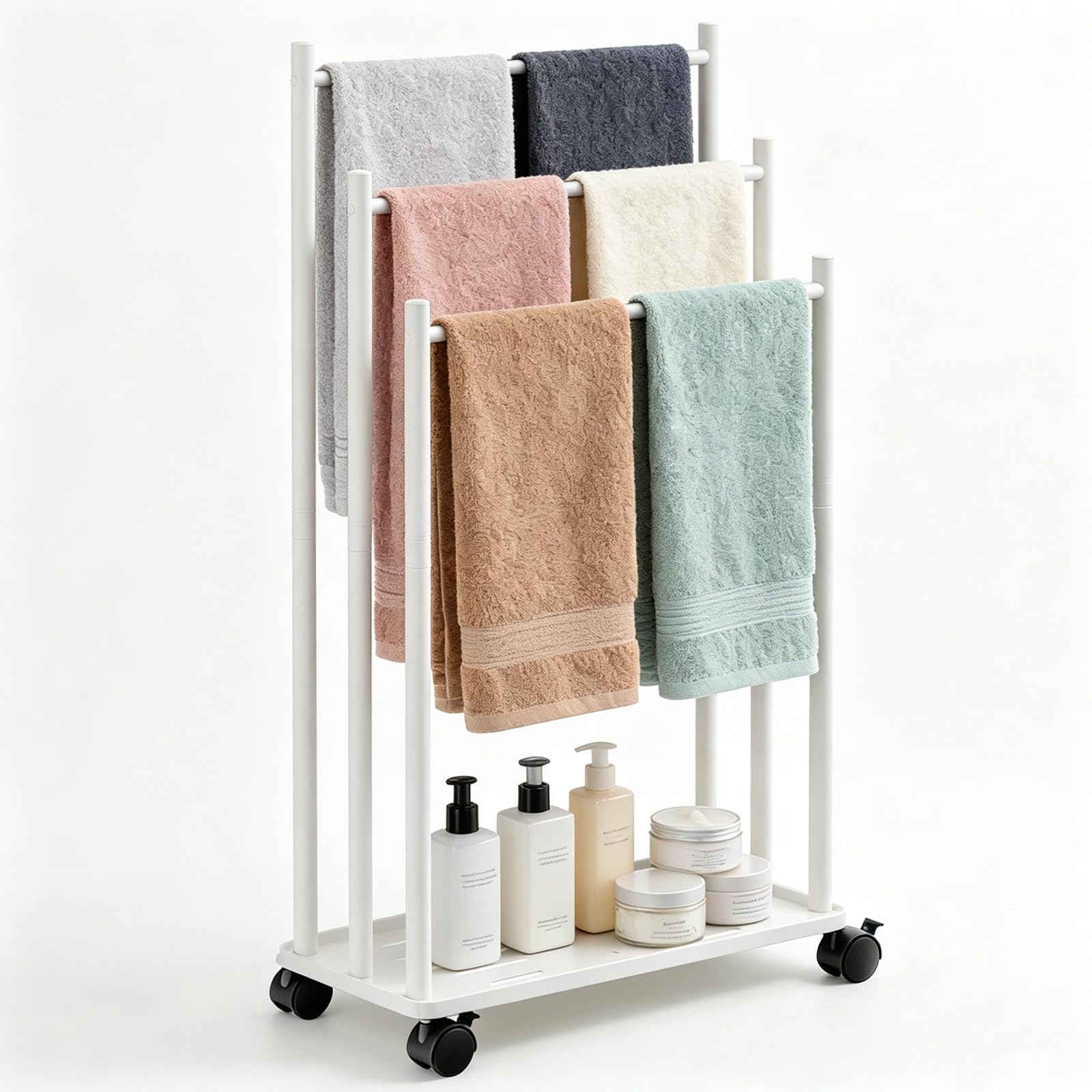 Porte-Serviette Salle de Bain à 3 Niveaux, Sèche-Serviette sur Pied Noir avec Roues, Étagères, Gagnez de l'espace, Étagère pour Couverture, Serviettes de Bain, pour Salle de Bain, Piscine,Blanc