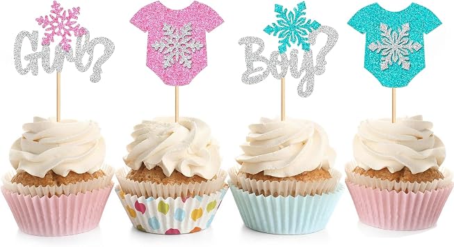 24PCS Gender Reveal Snowflake Cupcake Toppers Baby Shower Cupcake Picks Decorations for Gender Reveal Snowflake Winter Frozen Kids Birthday Party Birthday Party Supplies