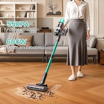 SmartAI V5 Aspiradora sin Cable, 55Kpa/600W/80Mins Aspirador Escoba Vertical Potente con Modo Automático, Alta Capacidad Batería Aspirador Inalámbrico Antienredo para Suelo/Alfombra/Pelos de Animales1