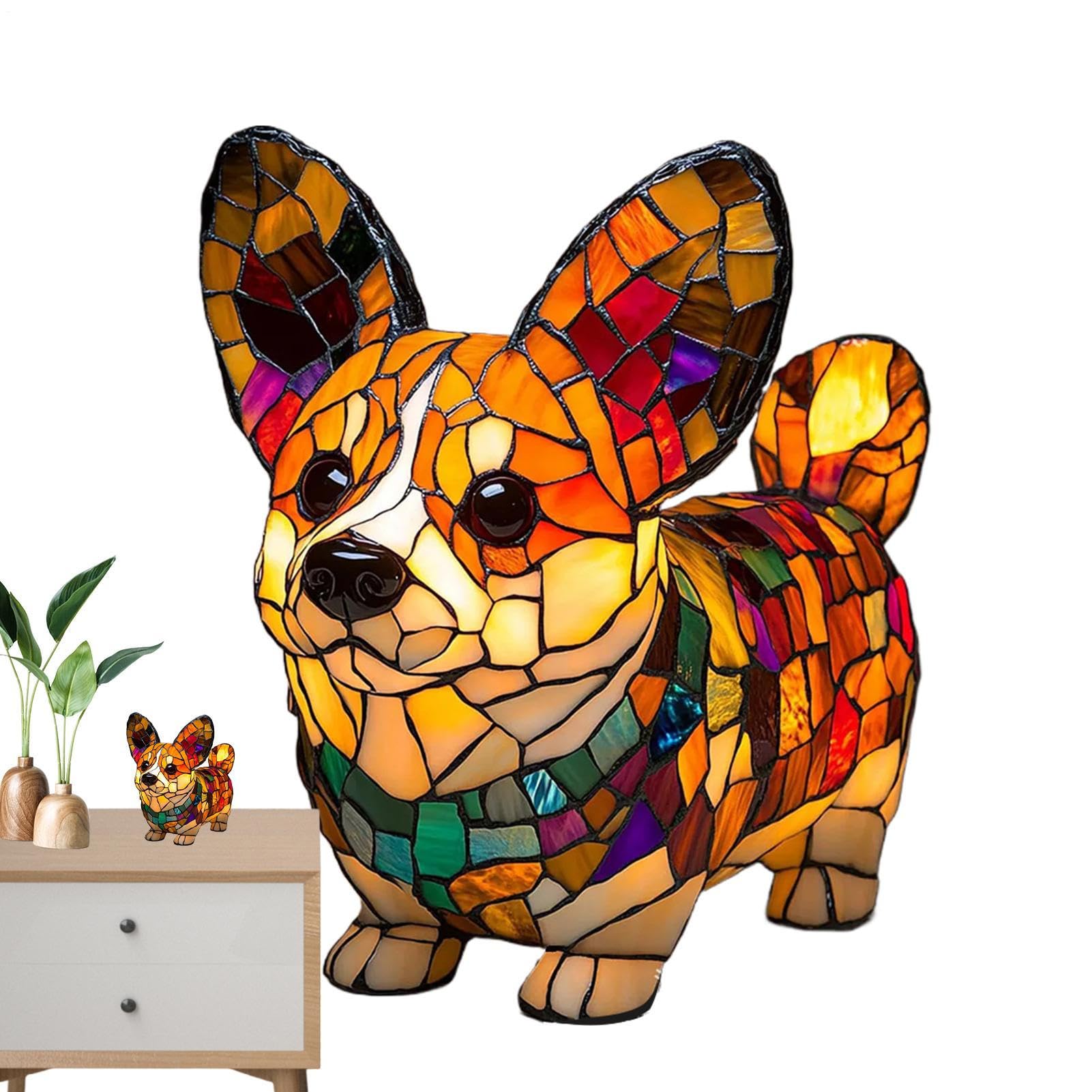 Duqulle Dachshund Lamp Stained Glass, Cat Table Lamp, Colorful Resin Bulldog Tabletop Night Light, Cute Pet Themed, Vintage Animal Night Light for Home Bedroom Living Room Decoration