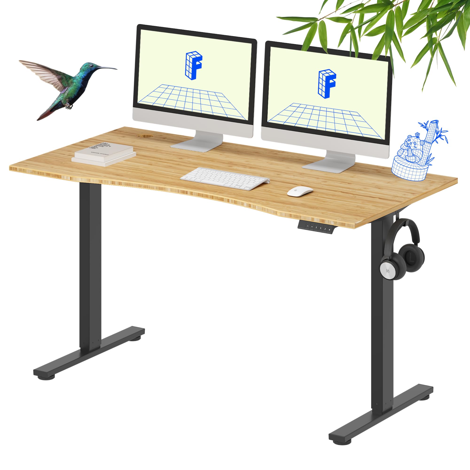 FLEXISPOT EN1 Bamboo Standing Desk, 55 x 28 Inches One-Piece Electric Adjustable Height Sit Stand Table, Home Office Stand Up Desk (Black Frame +