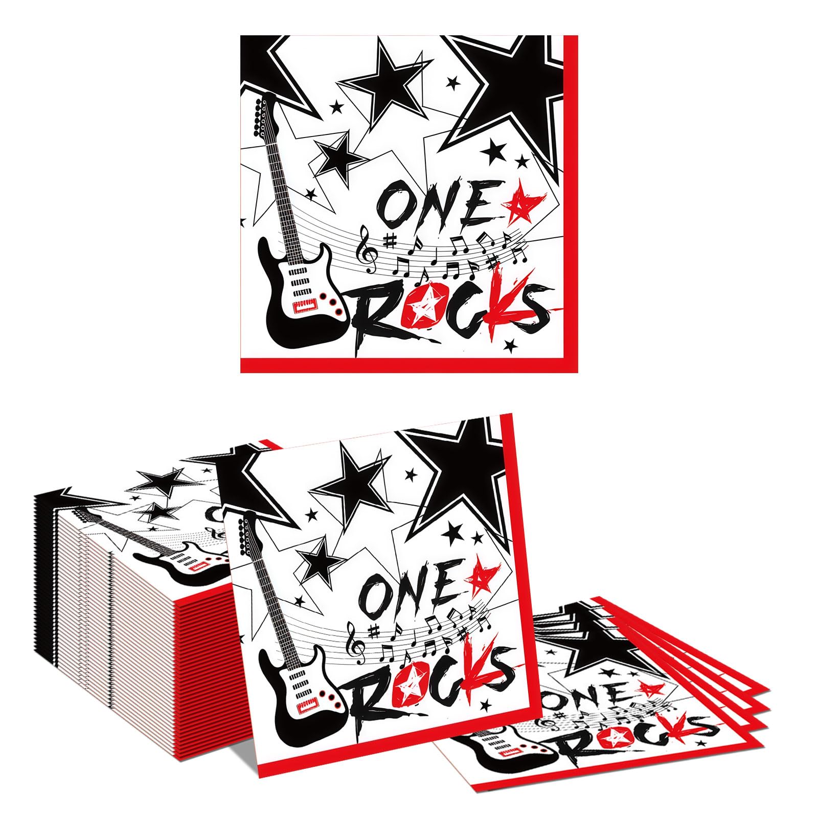 Tapufitil 80 Pieces Rock Music Paper Napkins, Guitar Star Design Napkins Featuring ONE ROCKS, 33x33cm Disposable Tissue For Rock-Themed Celebration Music Event Decorati