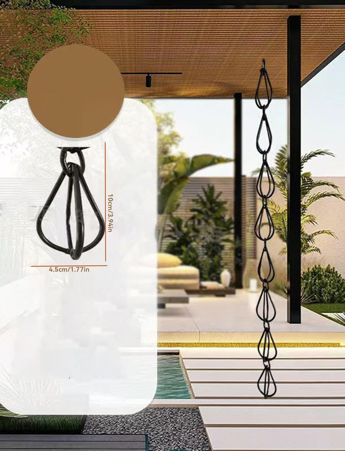 金属リングレインチェーン、雨樋用レインチェーン、縦樋用レインキャッチャー、縦樋外装飾、ガーデン装飾(180CM/71IN)