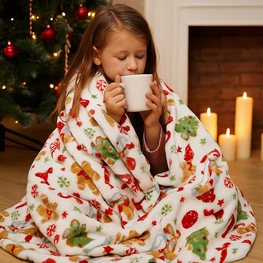 Serafina Home Holiday Christmas Fleece Throw Blanket- 60 x 50 Plush Red Green Gingerbread Men Candy Cane Tree Snowflake Star Design Accent for Sofa Couch Chair Bed or Dorm