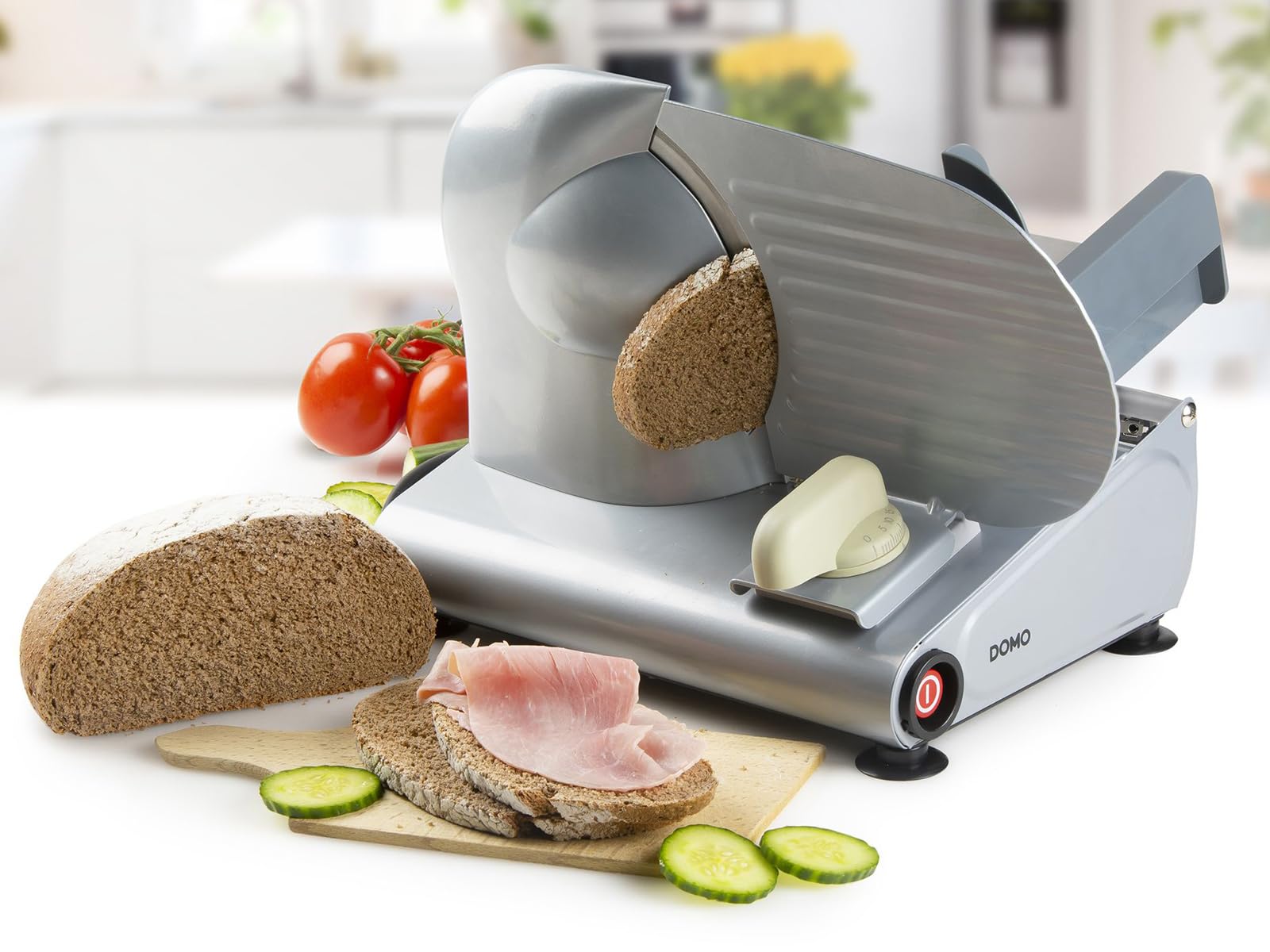 DOMO DO521S Allesschneider - Brotschneidemaschine für Brot, Aufschnitt oder Käse - Mit stufenlos einstellbarer Schnittstärke Ø 19 cm - bis 15 mm - Grau