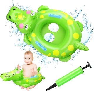 Crocodile Shaped Baby Swimming Ring, 3D PVC Safety Aid Float Seat Inflatable Swimming Float, Circle Swim Float Boat with Double Handle Inflator for Age 6 Months-3 Years Toddler Floating Training