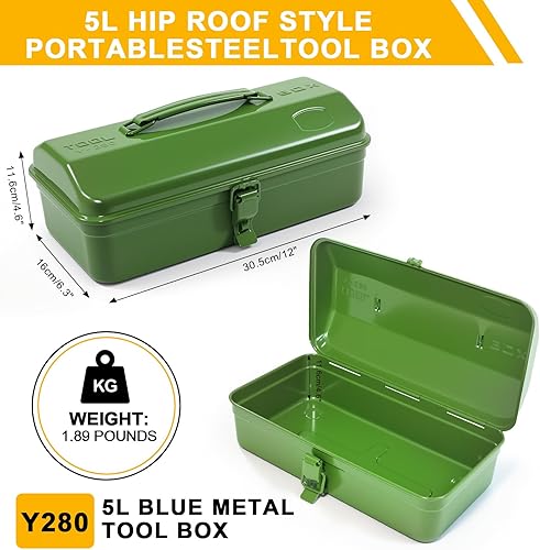 Miniatura 2 de Caja de herramientas de metal portátil verde militar, estilo de techo de cadera con cierre de cierre de metal, pecho de herramienta para taller