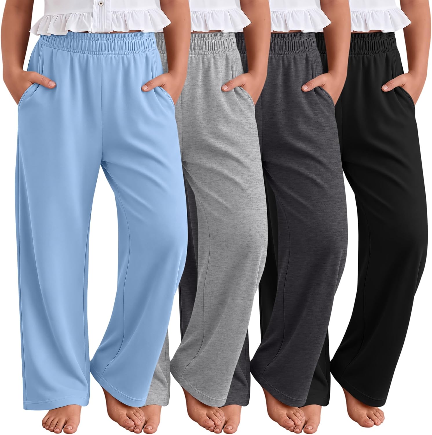 4 Pack Girl's Wide Leg Pants Elastic Waist Baggy Flowy Casual Sweatpants with Pockets Teen Athletic Jogger