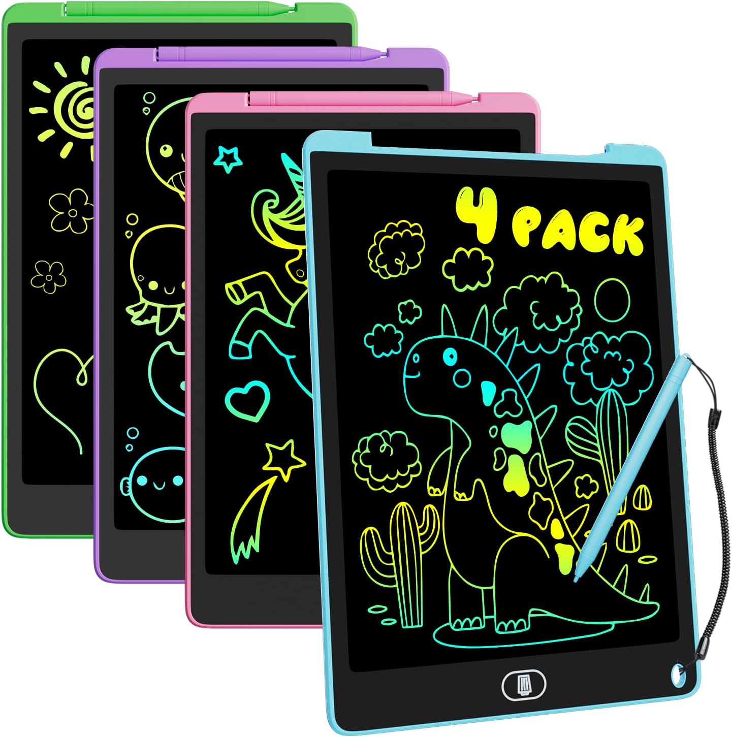 12 Inch LCD Writing Tablet, 4 Pack Colorful Drawing Tablet for Kids | Eye Care Doodle Board with Lock and Erase FUNC, Birthday Gifts Toys for 3-10 Years Old Boys(Blue, Pink, Purple, Green)