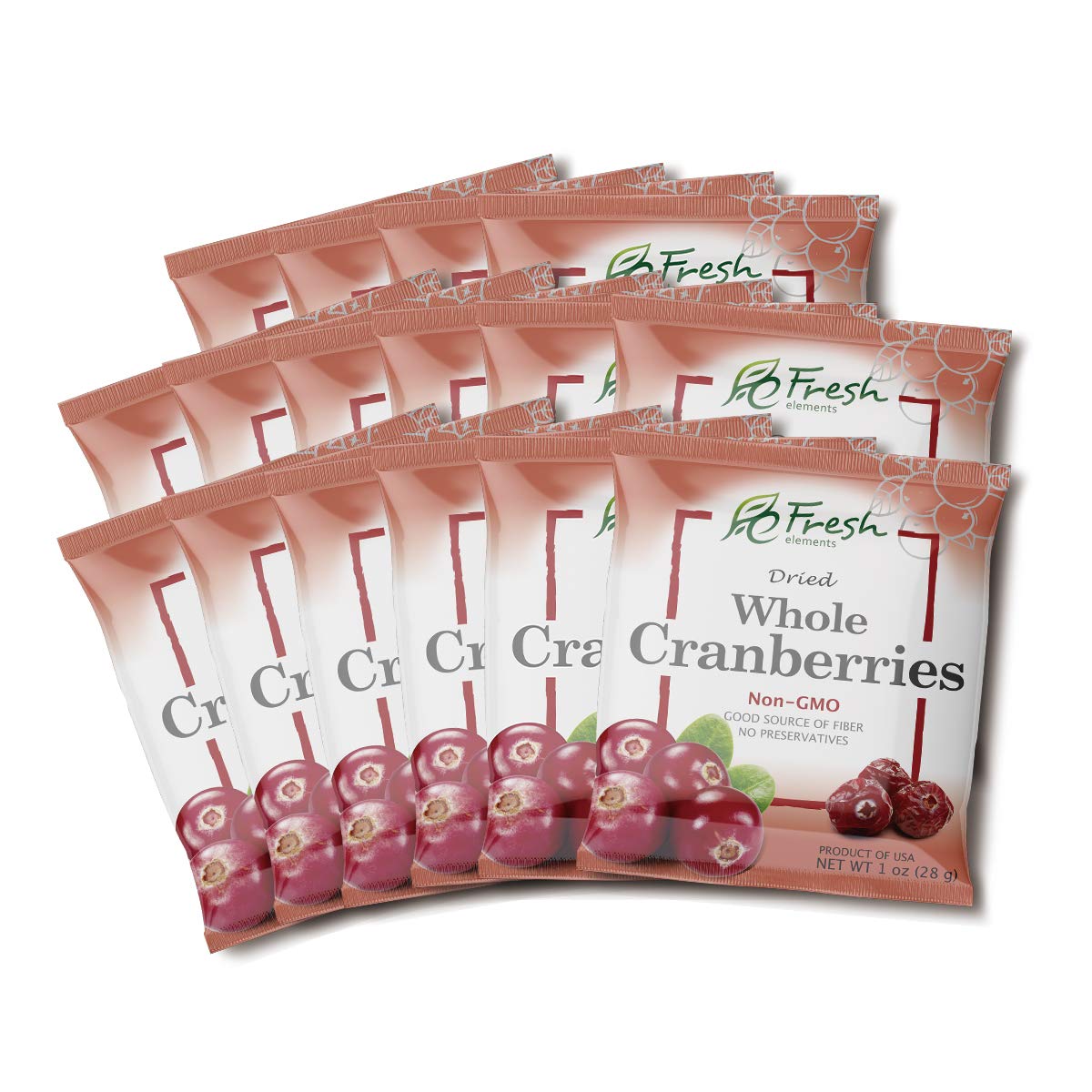 Fresh Elements Dried Whole Cranberries, 1oz single serving pack, Preservative Free, Gluten Free and Non GMO, Great for Salads and Baking, Healthy Snack ( 16 pack )