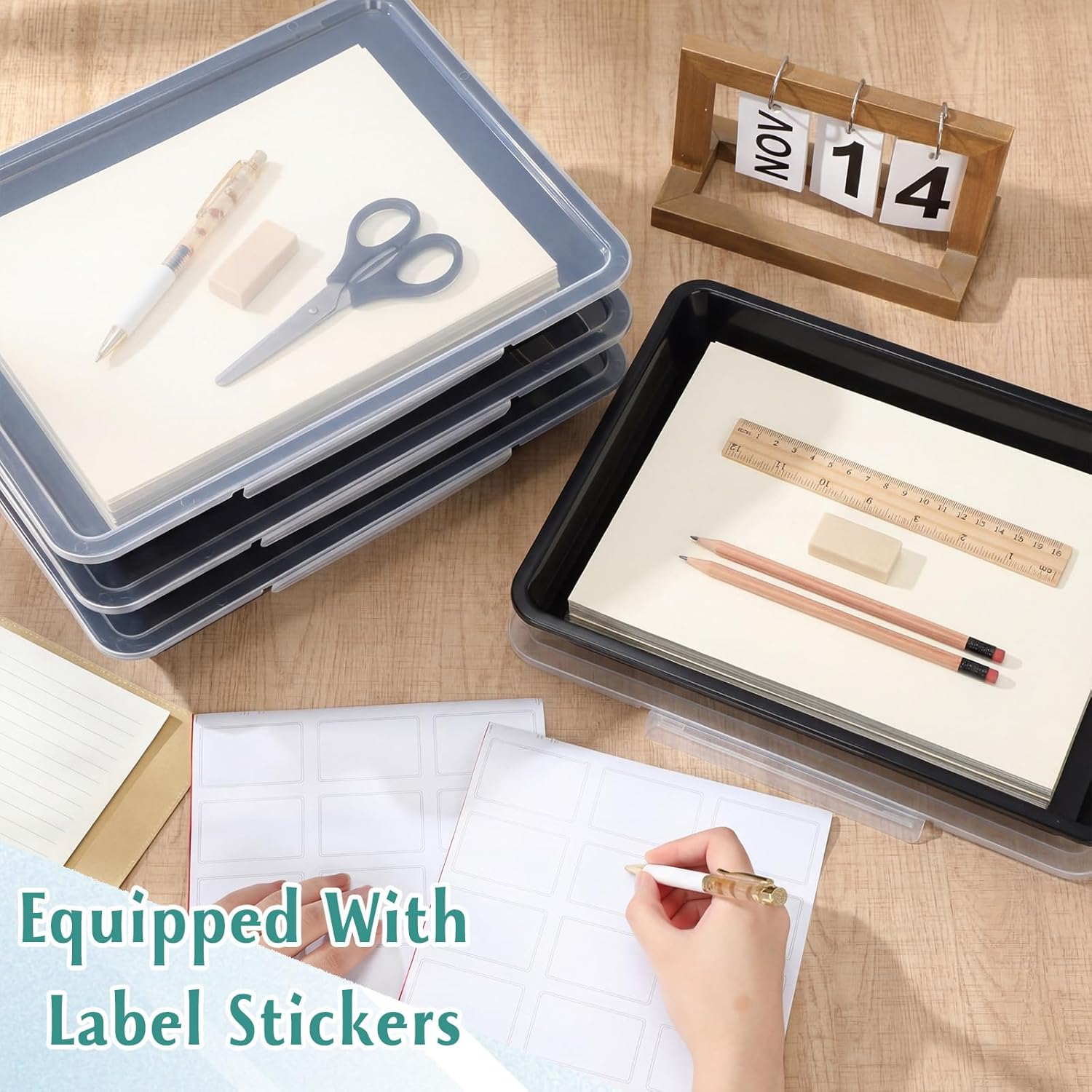 Tinlade 12 Pcs Paper Storage Bin with Clear Latching Lid, Label Colored Plastic Stackable Letter Size Flat Tray Container Classroom Home Office School Teacher Arts Crafts Sorting (Black,13x10in)