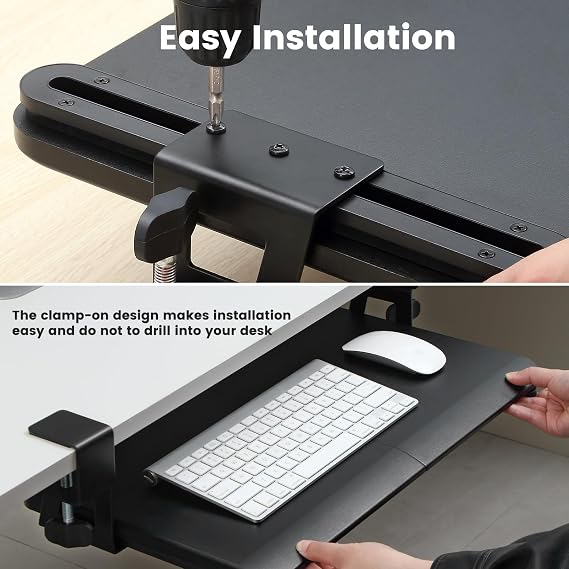 Keyboard Tray Under Desk, Slide Out Computer Keyboard & Mouse Tray with C Clamp-on Mount Easy to Install,24 W(Including Clamps) X 12D Small Size,Black
