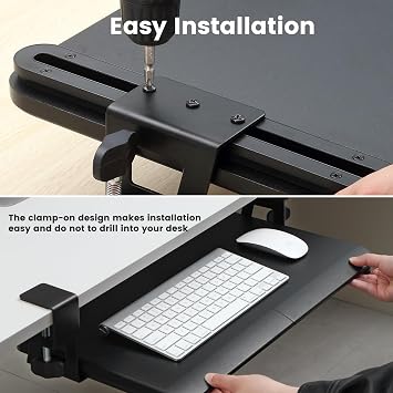 Keyboard Tray Under Desk, Slide Out Computer Keyboard & Mouse Tray with C Clamp-on Mount Easy to Install,24 W(Including Clamps) X 12D Small Size,Black