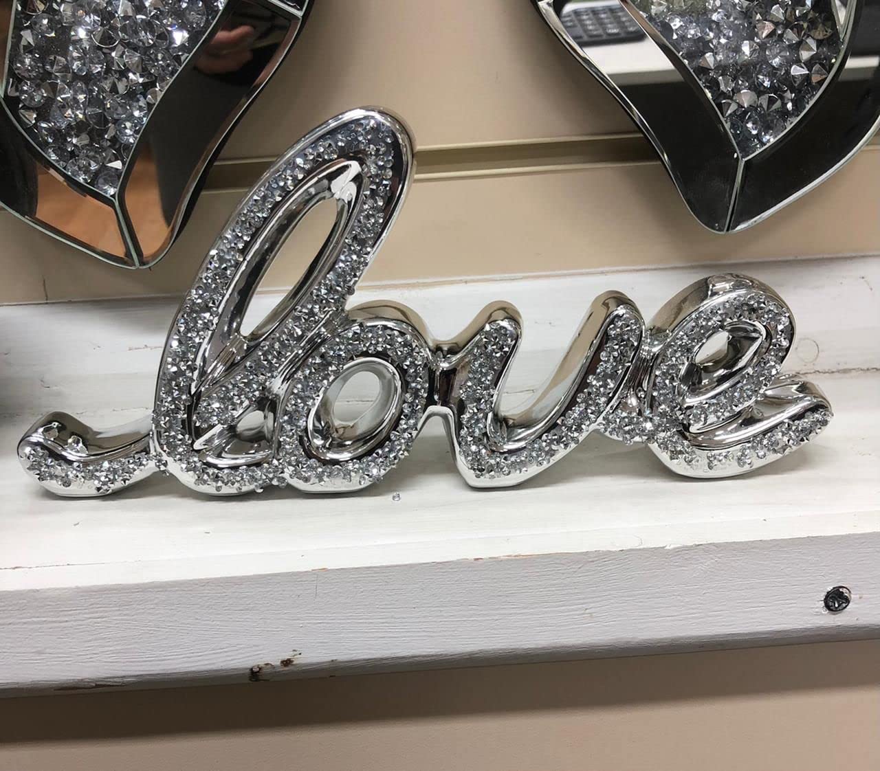 Biznest Silver Sparkle Ornament Bling Crushed Diamond Crystal Letter Craft Ceramic Ornaments For Home And Party Decoration (Love)