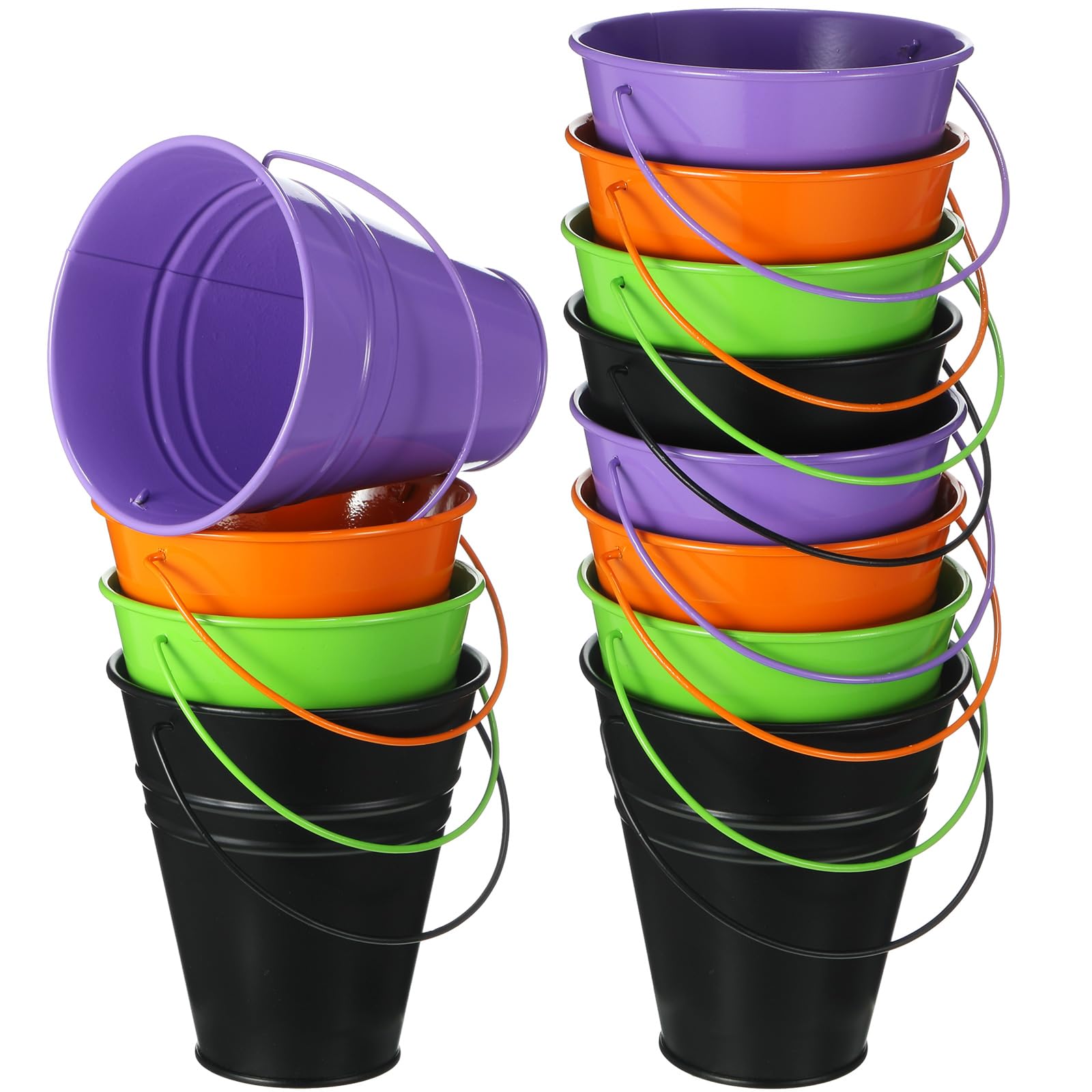12 Pack Colored Metal Buckets with Handle, Galvanized Bucket 4.5 x 5 Inch Pail Bucket for Kids, Party Centerpieces, Classroom, Crafts, and Party Favors Gifts (Horror Color)