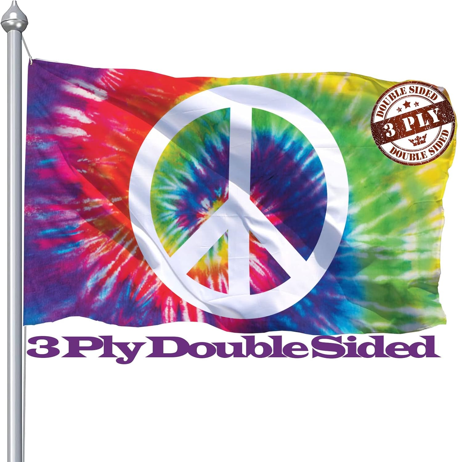 Tie Dye Peace Flag 3x5 Ft Outdoor, Double Sided Rainbow Hippie Flags For Outdoors Decorative, 3 Ply World Peace Sign Symbol Banner Flag Fabric Decor With UV Fade Resistant