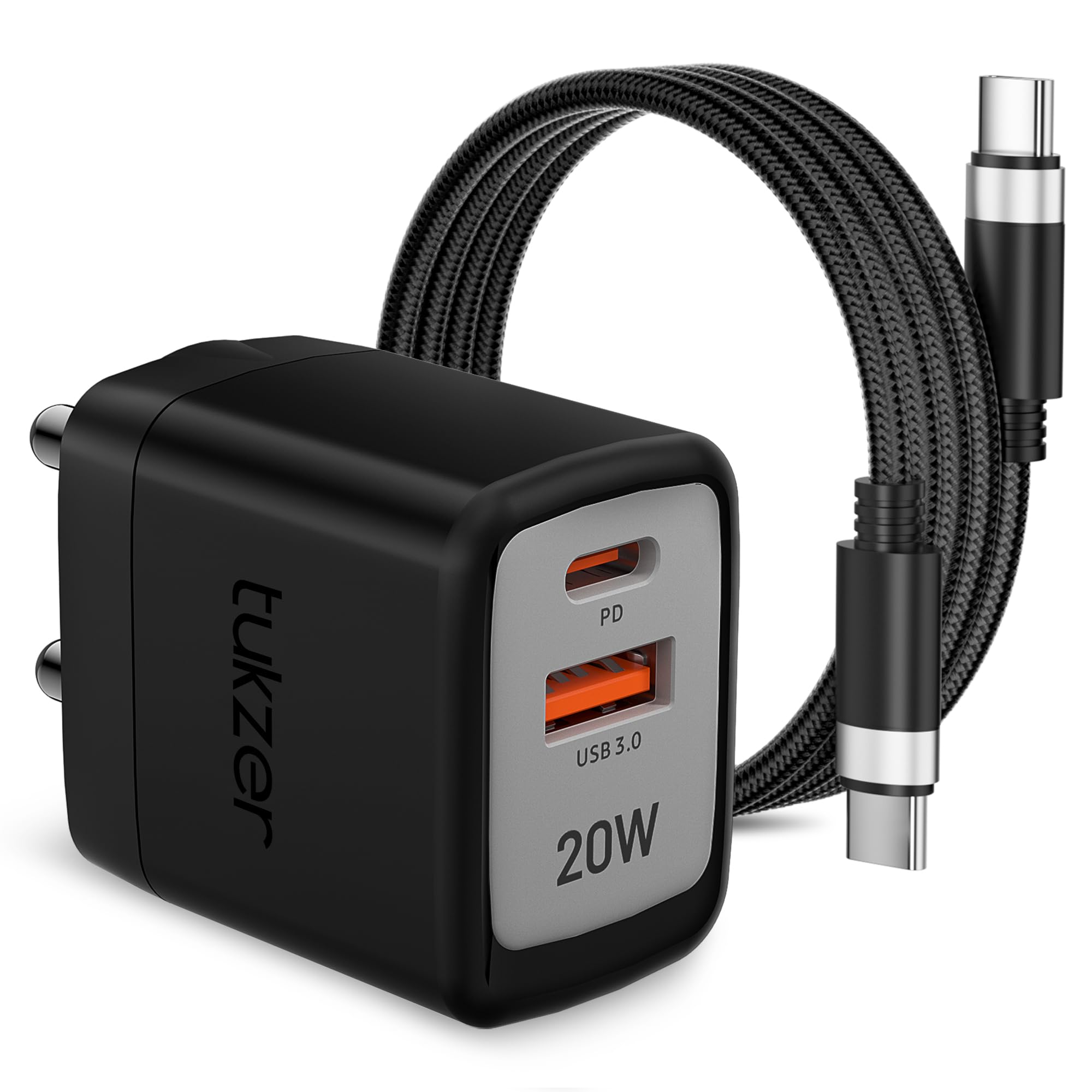 Tukzer 20W Dual Port GaN3 Ultra Fast Charger Wall Adapter (Type C PD3.0 & USB QC3.0/ 5V~3A) + USB Type C to C Cable | Compatible with All iPhone/iPad/Android Phones (Black) (B0D3VC18Y5) Amazon Price History, Amazon Price Tracker