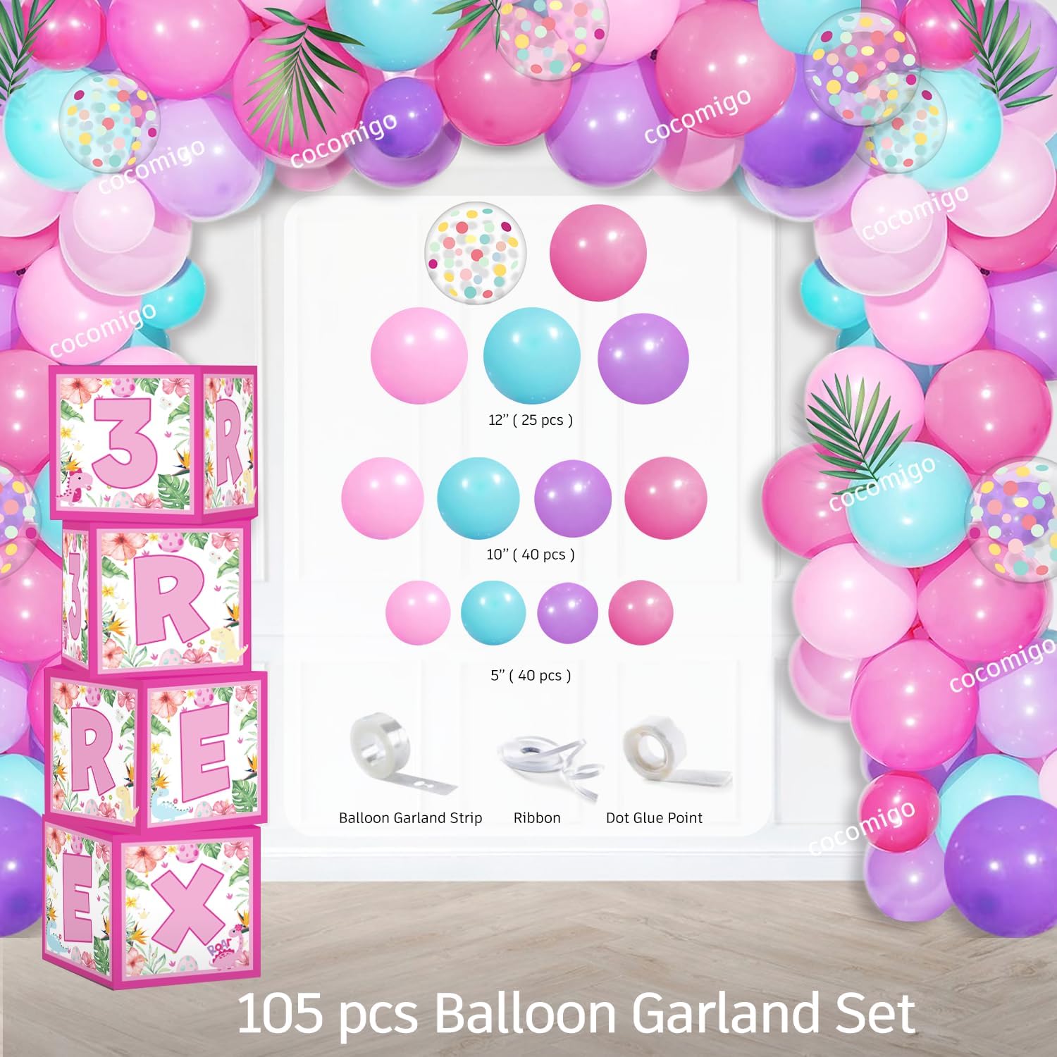 314Pcs Three Rex Birthday Decorations Girl Tableware Set Serves 25 Guests, Pink Dinosaur Birthday Decorations Includes Balloons, Banner, Plates, Balloons Box, Tablecloth, All-in-1 Party Pack