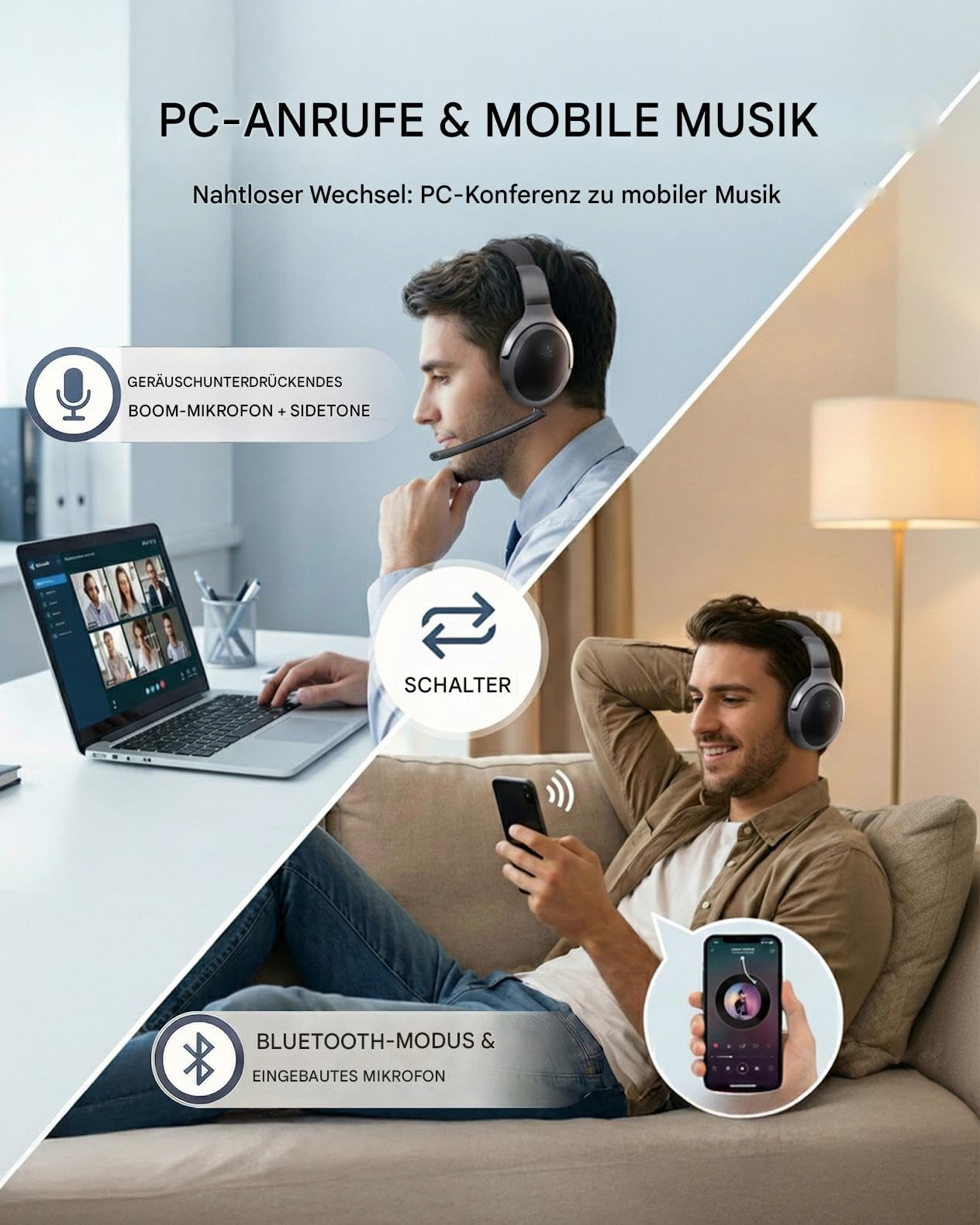 Avantalk Aria 3 - Multifunktionale Bluetooth-Headset & Kabellos Kopfhörer 2-in-1, Dual-Verbindung (PC & Smartphone), Noise-Cancelling Mikrofon, klare Stimmen für Anrufe & Musik, 55 Std., bequemer Sitz