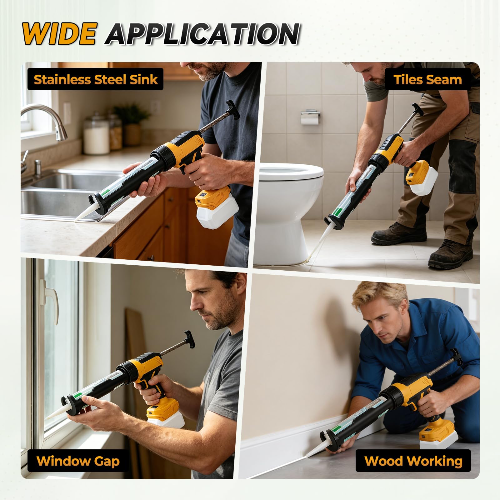 Pistola de cartucho con batería, compatible con batería DeWalt 18 V 20 V, 600 kg de fuerza de empuje, pistola eléctrica de silicona ajustable en 6 niveles con luz LED para cartuchos de 300 ml (sin