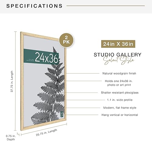 Miniatura 4 de MCS Studio Gallery Marco para póster de 24 x 36 pulgadas, imitación de veta de madera natural, colgar en horizontal o vertical, grande, para fotos o