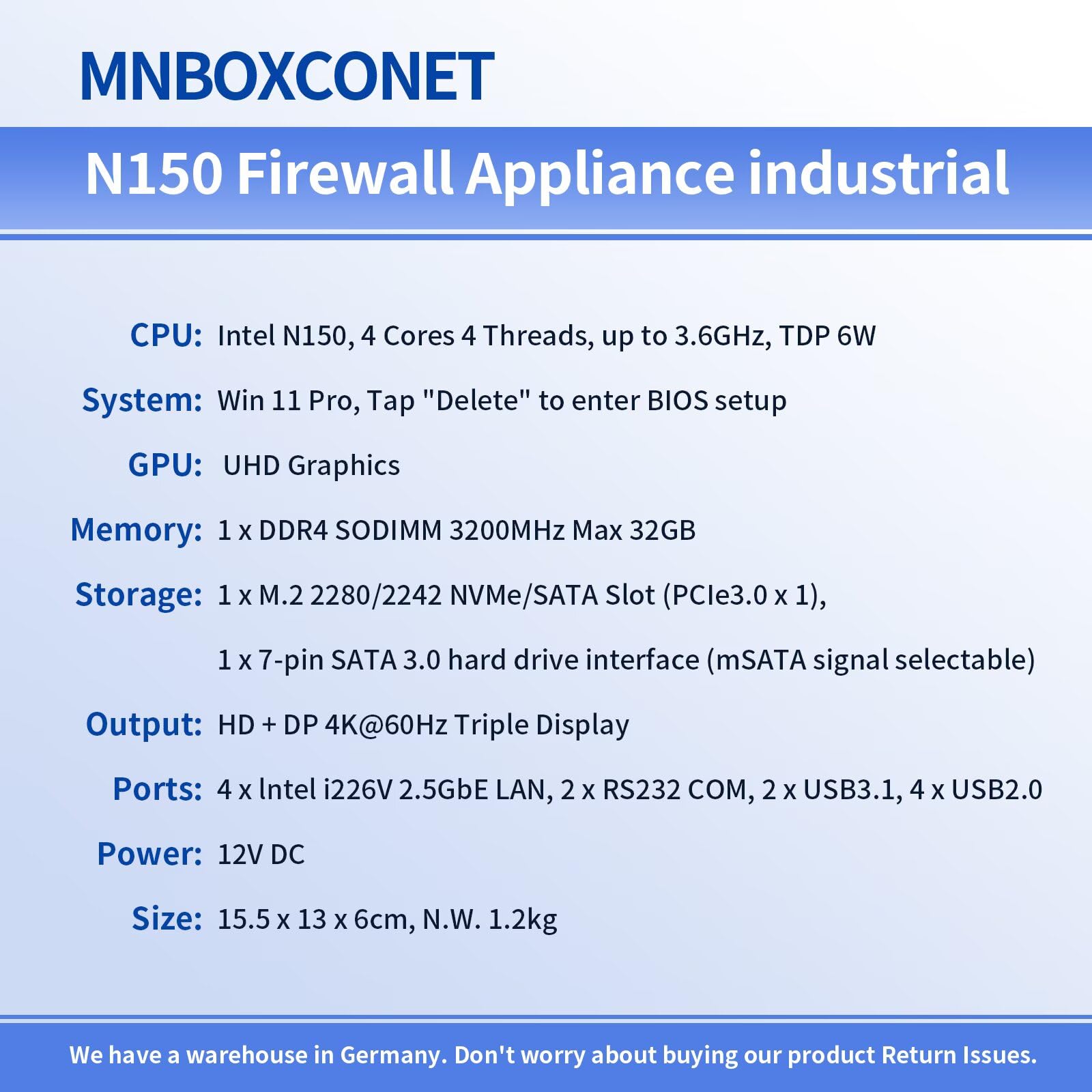 Mini PC N150 Firewall Appliance Industrial Micro Oficina, 4 x 2.5Gbit LAN + 2 RS232 Com, Barebone No Ram No SSD, 6USB, Router/Home Server Computadora Hardware Ventilador Sin, HD DP Slot