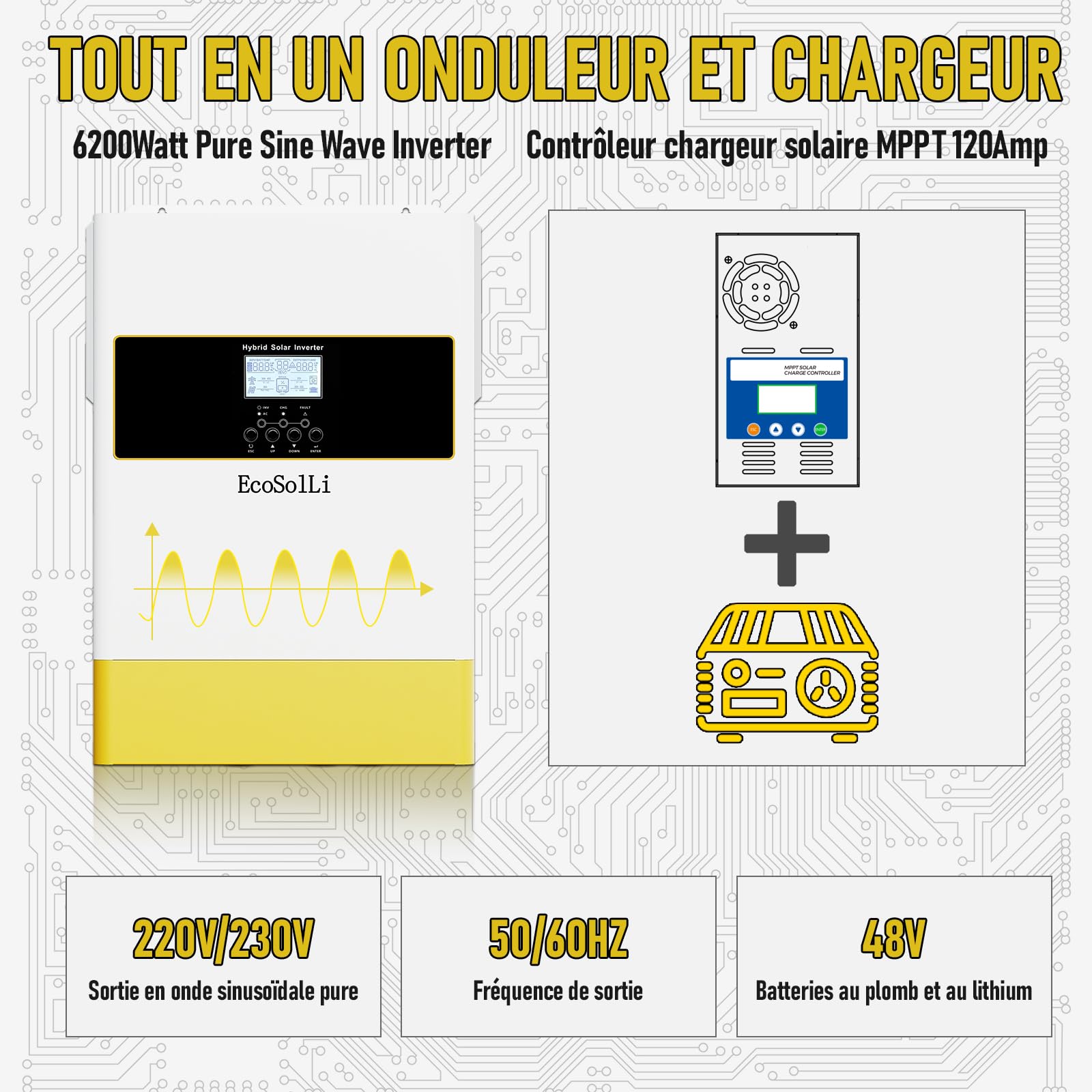 Onduleur Hybride 6200W 48V - Pur Sinus MPPT Hybride 120A 230V, Fonctionne sans Batterie, Fonction parallèle, Chargeur Solaire Off-Grid avec Régulateur de Charge 60-500V DC, Compatible Module WiFi