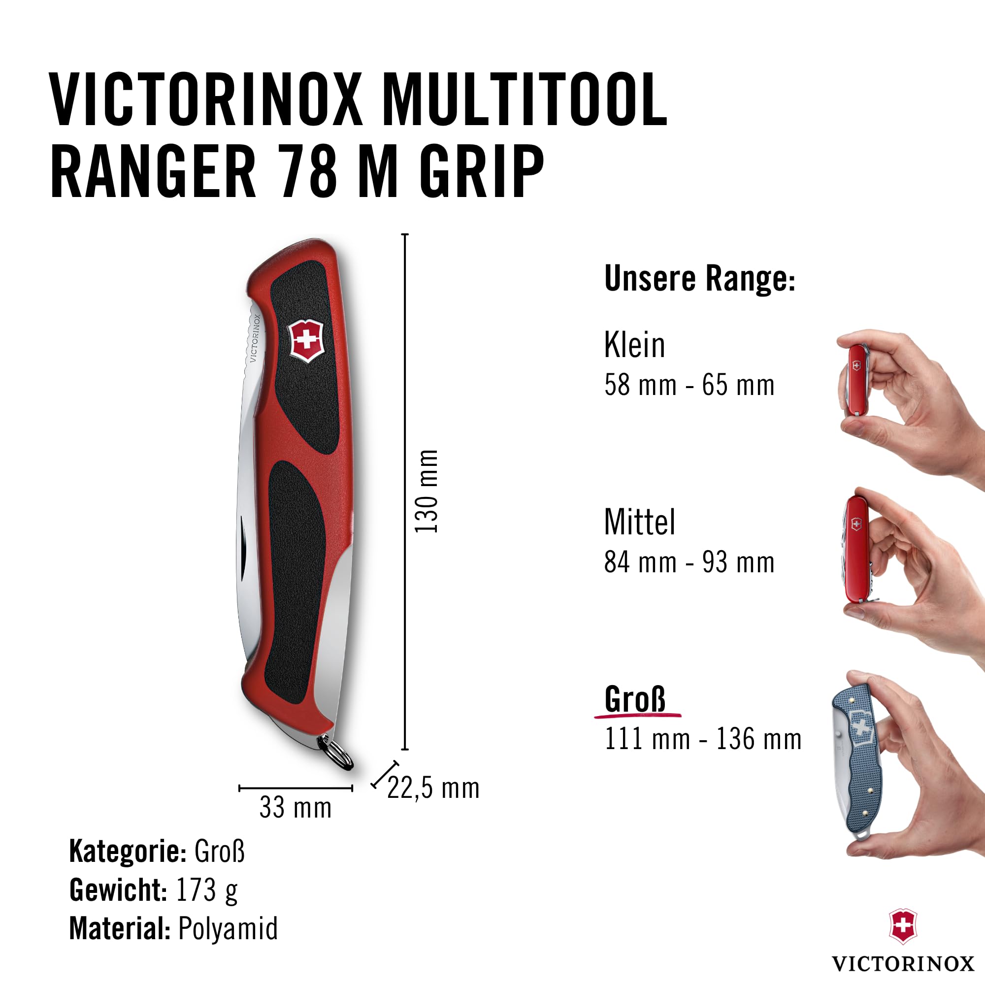 Victorinox Schweizer Taschenmesser Gross, Ranger 78 M, Swiss Army Knife, Multitool, 12 Funktionen, Einhand-Feststellklinge, Kapselheber, Rot/Schwarz