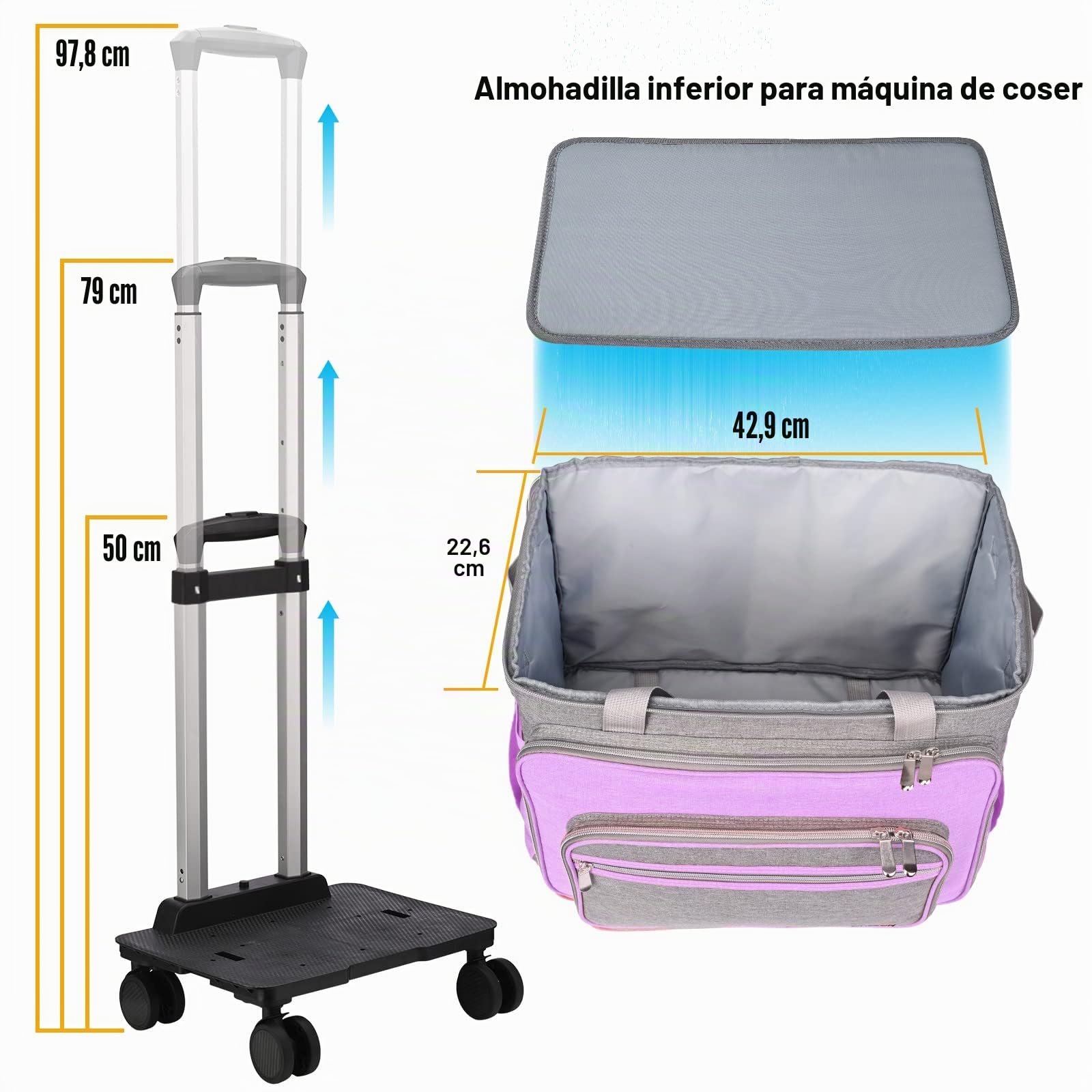 Estuche plegable de lujo para máquina de coser, gris y morado, funda de transporte para Brother, Singer, Bernina y la mayoría de máquina(con ruedas)