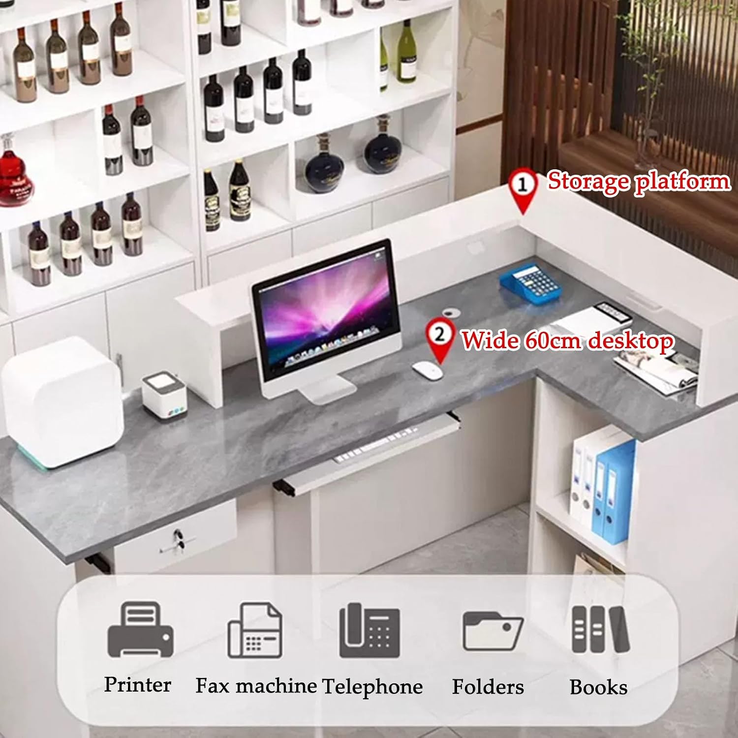 Counter Desk, Reception Desk, Retail Counter, Reception Desk with Counter, Front Counter Desk with Lockable Drawer, for Salon Reception Room Checkout Office(White+Gray,120cm/47.2in)