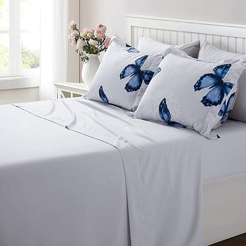 Miniatura 2 de ARTALL Juego de edredón de 6 piezas con estampado de mariposas en una bolsa, 1 edredón, 1 funda de almohada, 1 sábana encimera, 1 sábana bajera, 1